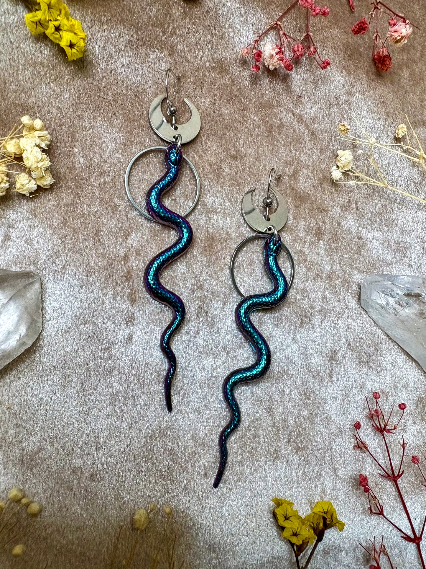 Rainbow Slithering Silver Snake Earrings