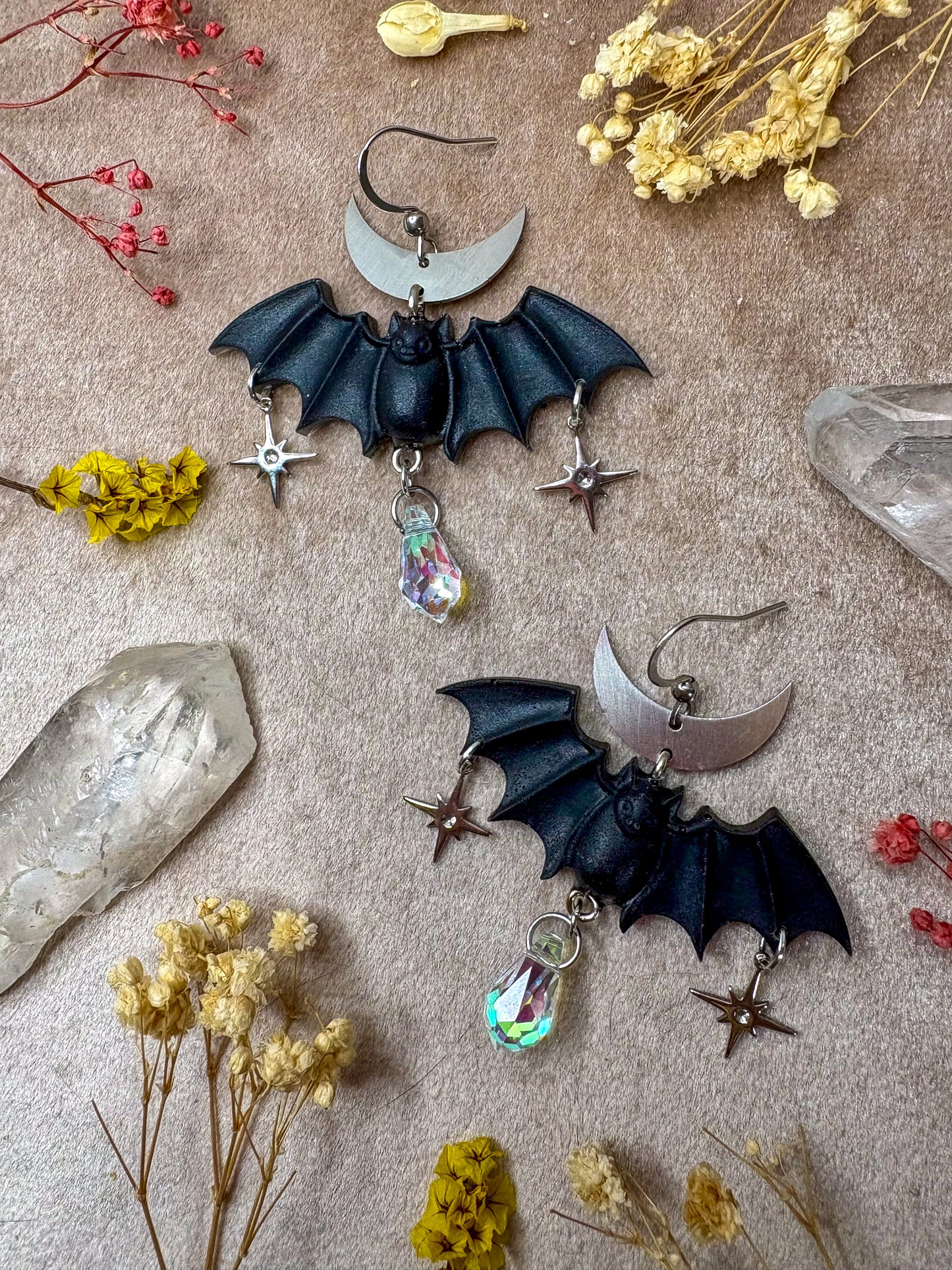 Black Bat Earrings (Silver)