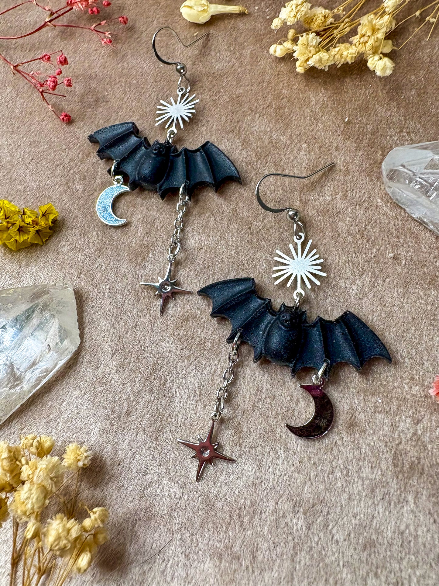 Small Silver Black Bat Earrings