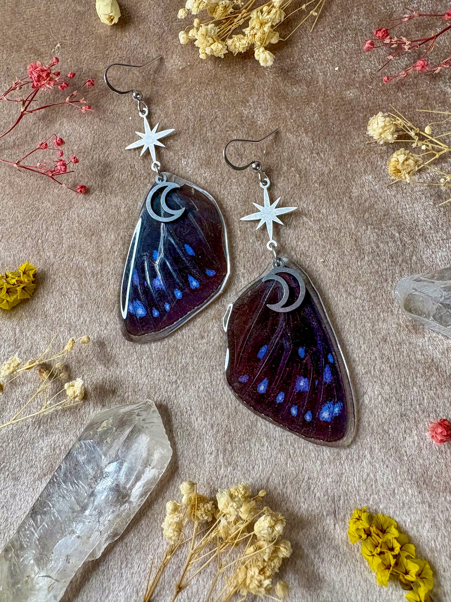 Striped Blue Crow Butterfly Wing Earrings (Silver)