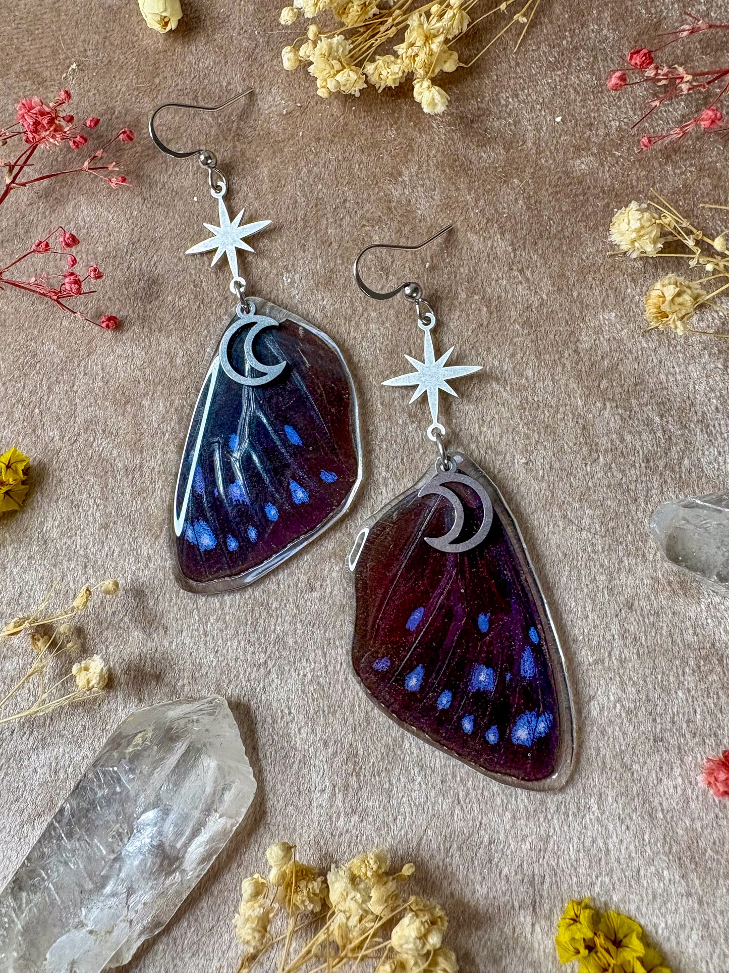 Striped Blue Crow Butterfly Wing Earrings (Silver)