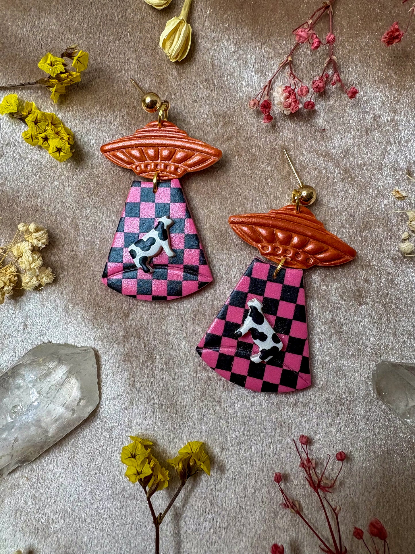 Neon Checkered Alien Abduction Earrings