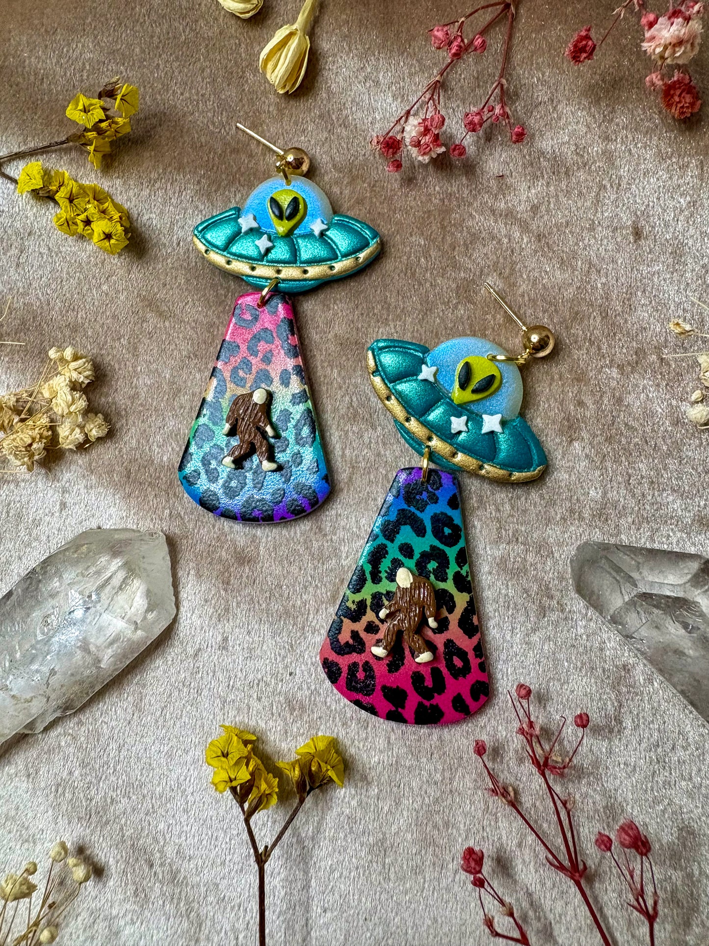 Rainbow Leopard Alien Abduction Earrings