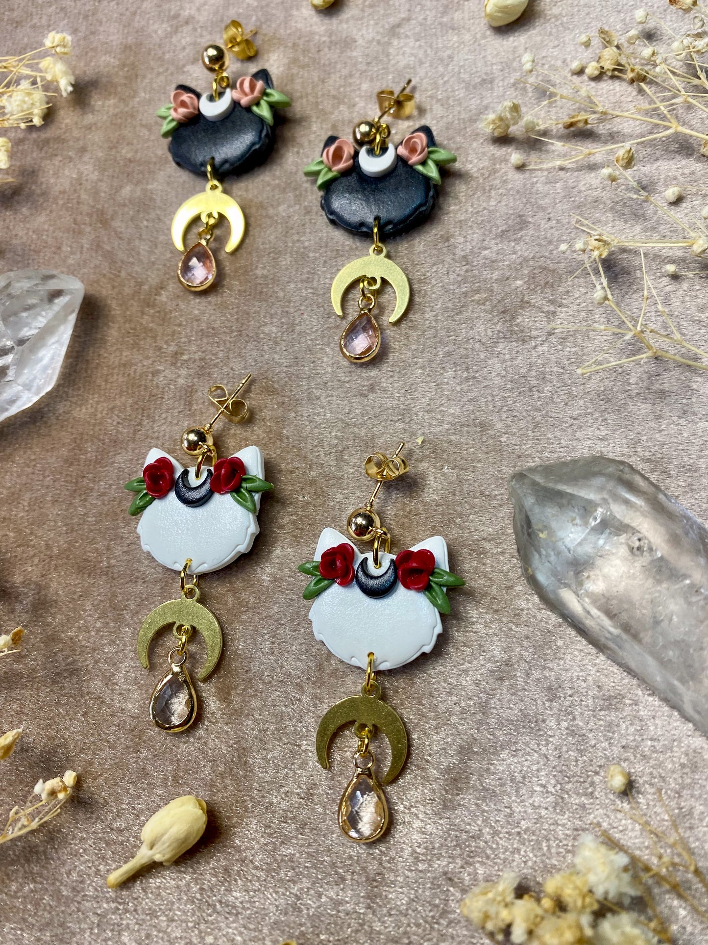 Floral Cat Moon Earrings