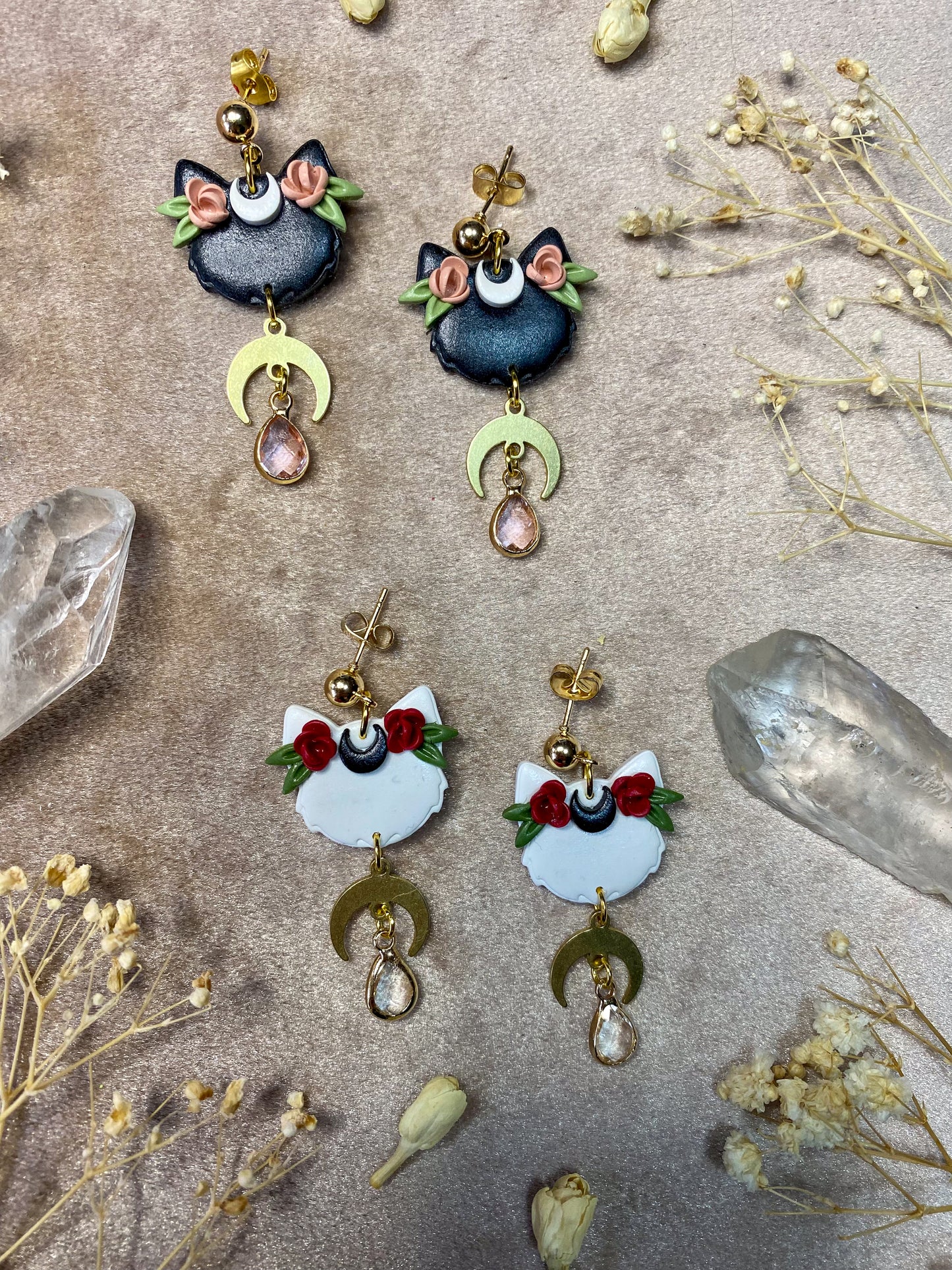 Floral Cat Moon Earrings