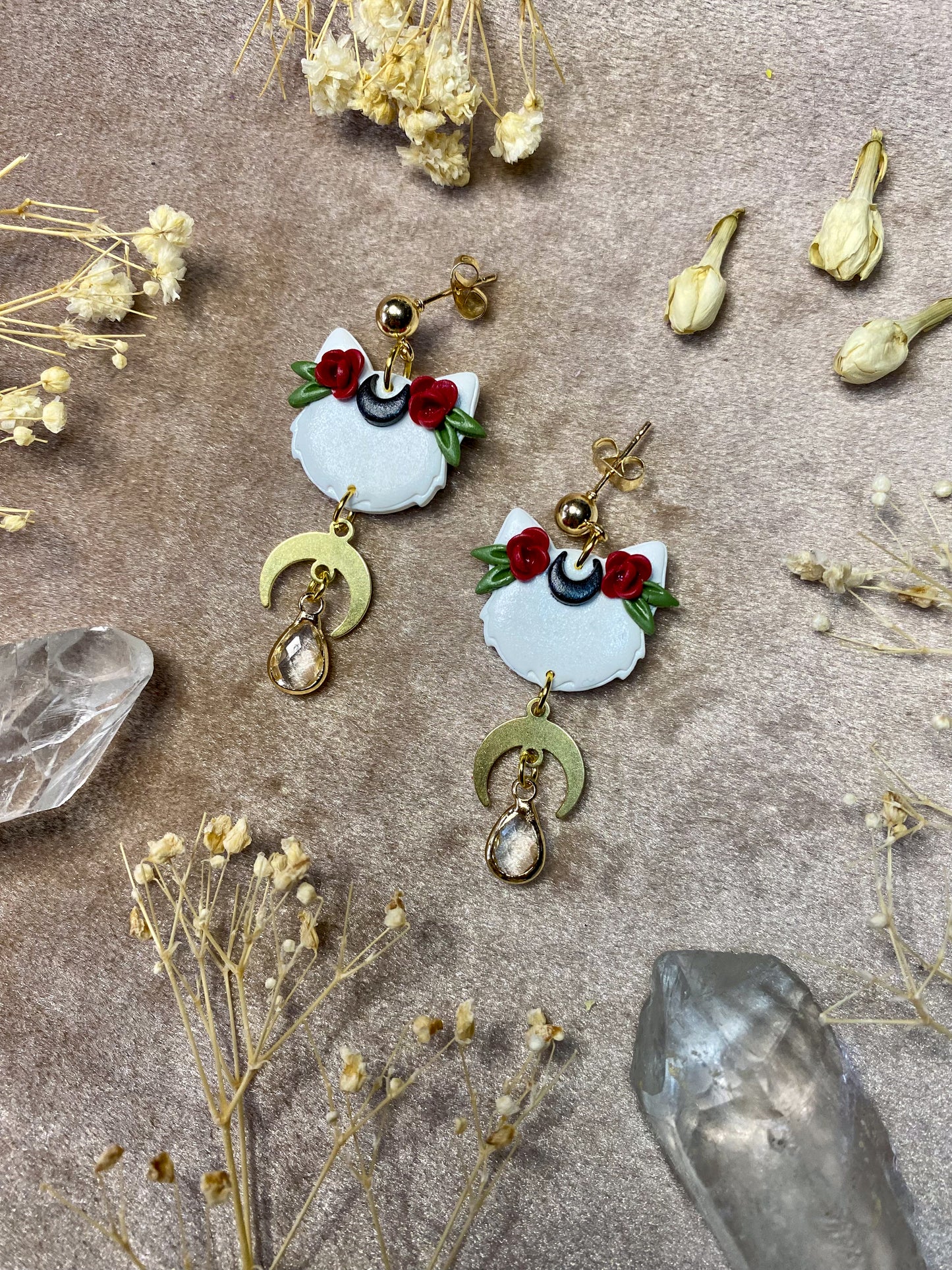 Floral Cat Moon Earrings