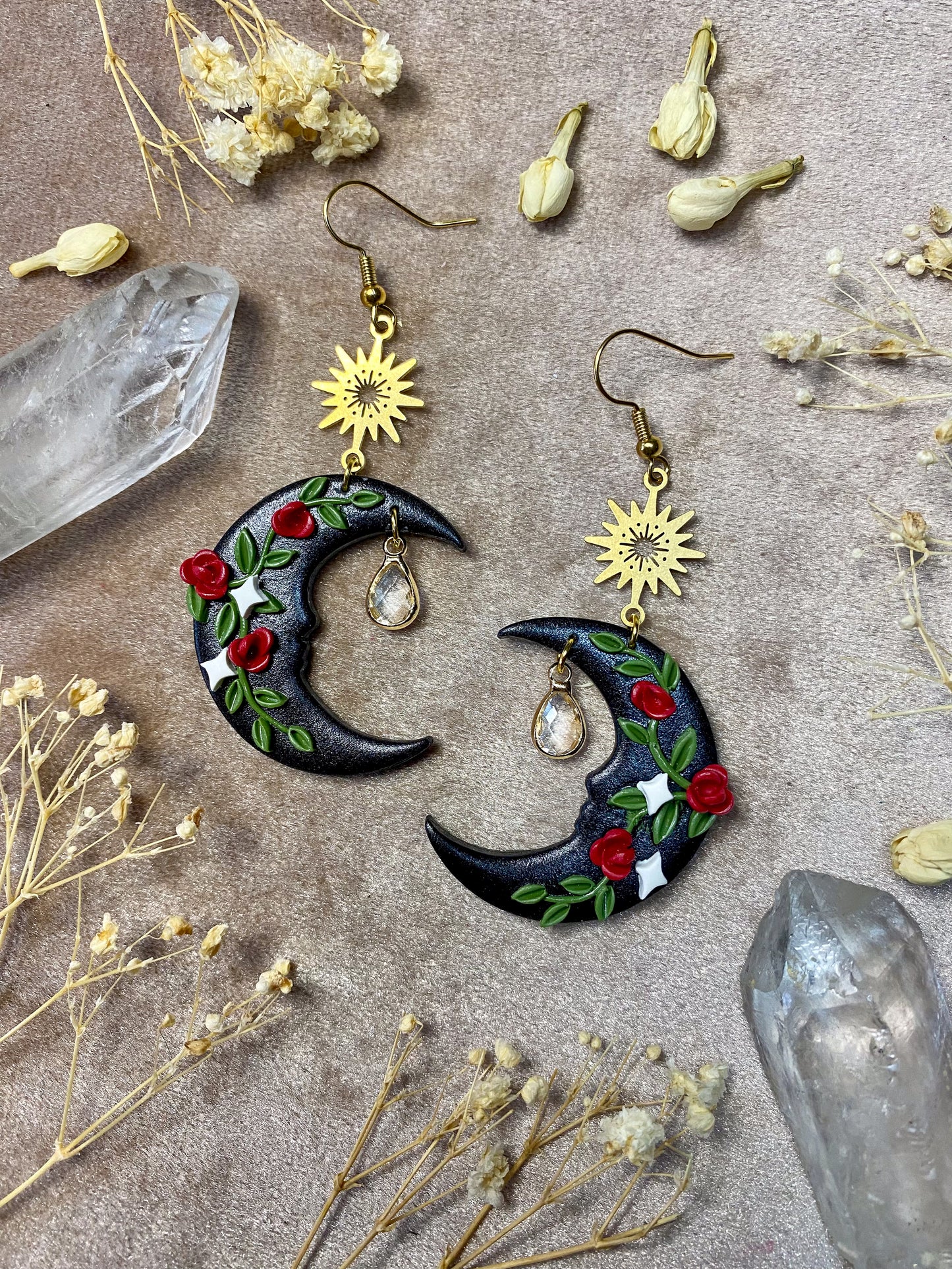 polymer clay rose moon dangle earrings