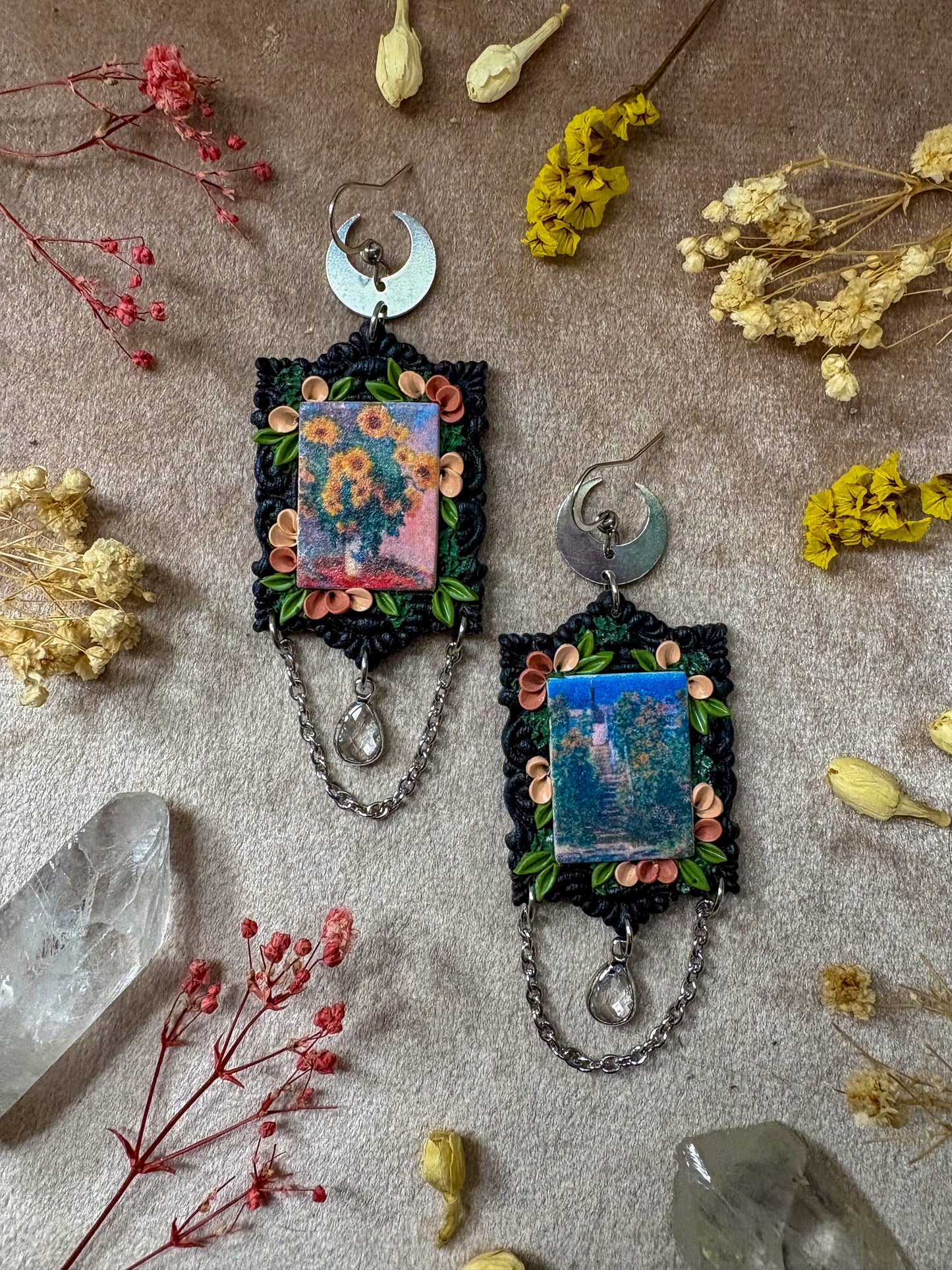 Monet's "Staircase at Vetheuil" and "Bouquet of Sunflowers" Painting Earrings