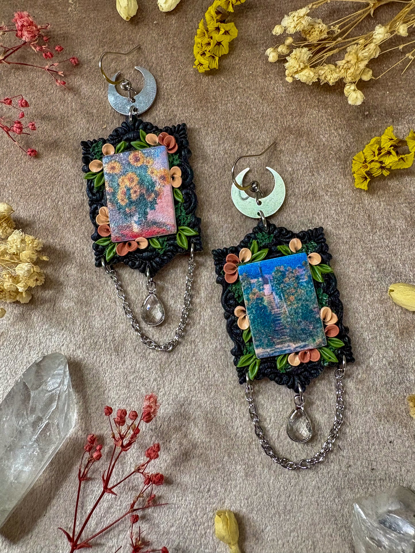 Monet's "Staircase at Vetheuil" and "Bouquet of Sunflowers" Painting Earrings