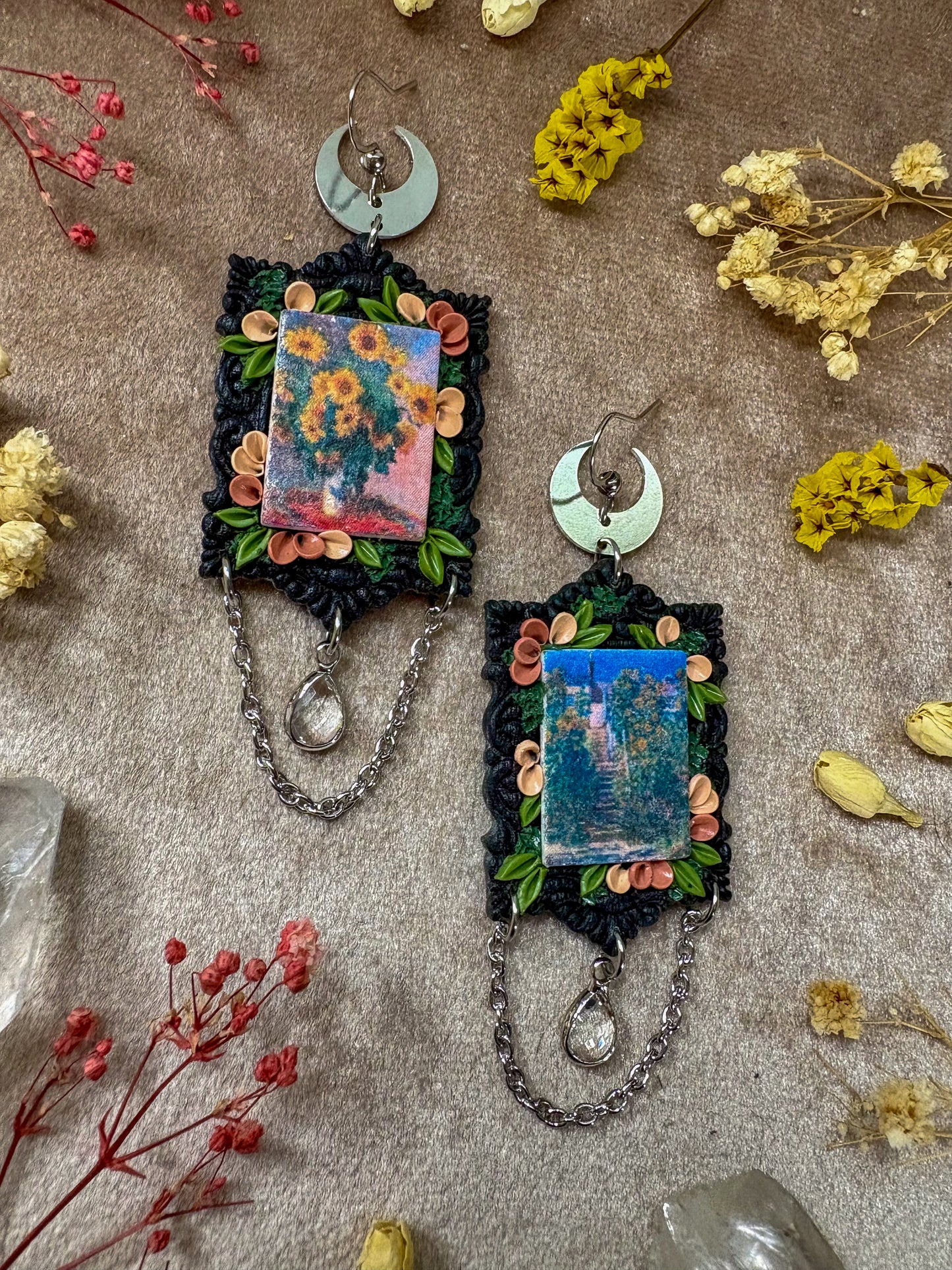 Monet's "Staircase at Vetheuil" and "Bouquet of Sunflowers" Painting Earrings