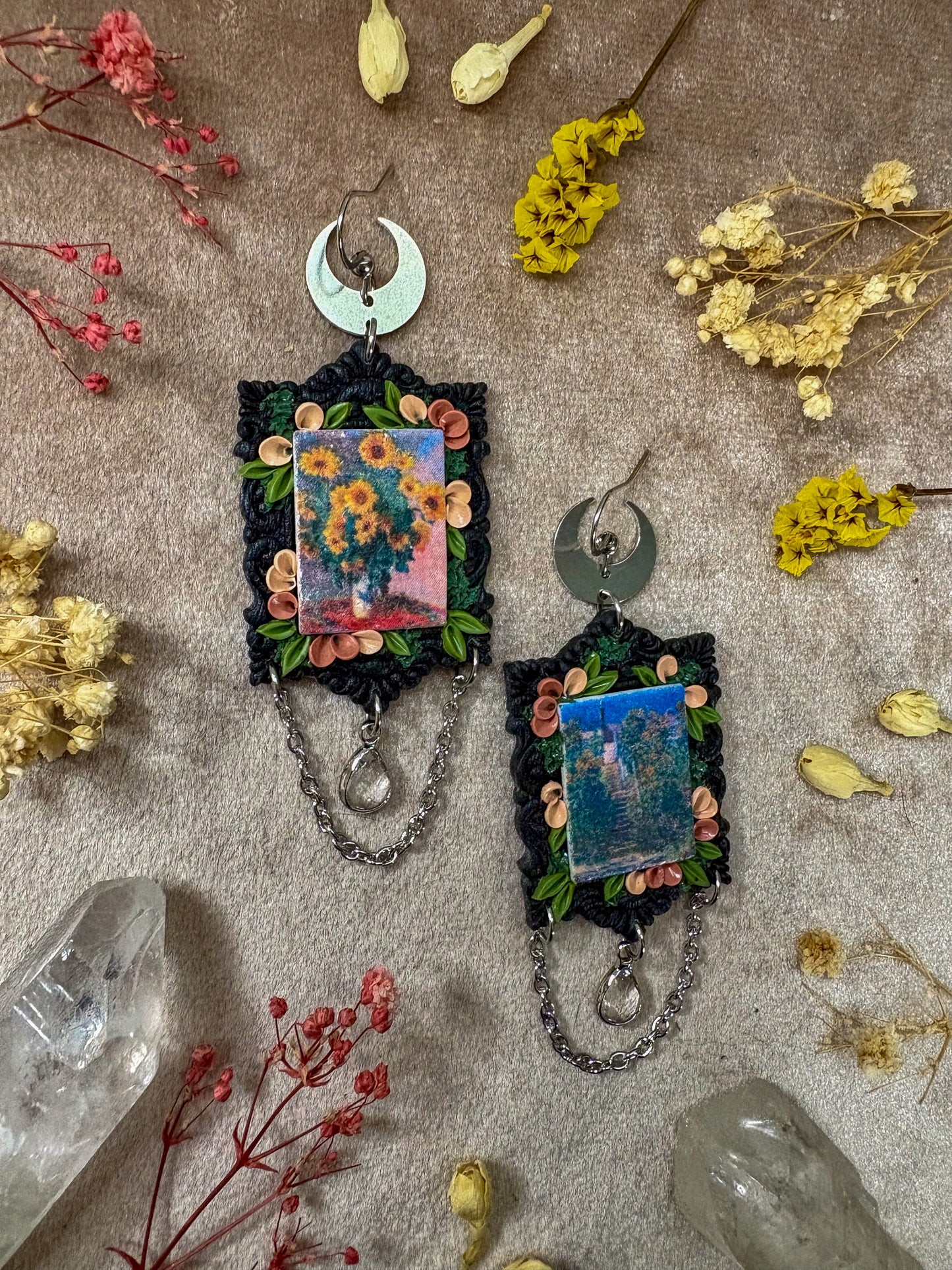 Monet's "Staircase at Vetheuil" and "Bouquet of Sunflowers" Painting Earrings