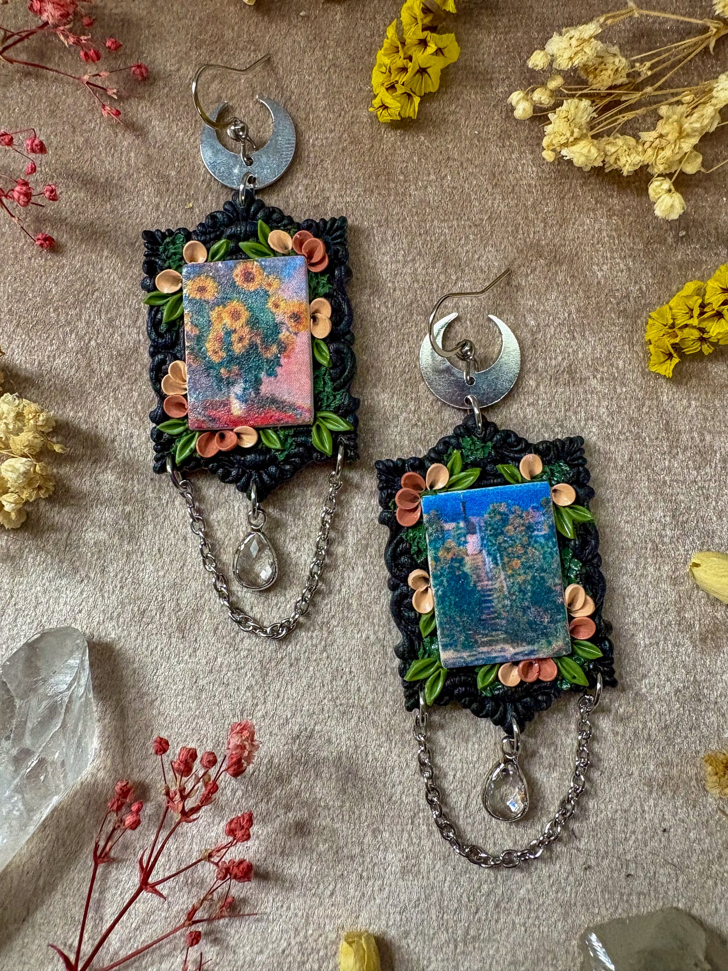 Monet's "Staircase at Vetheuil" and "Bouquet of Sunflowers" Painting Earrings
