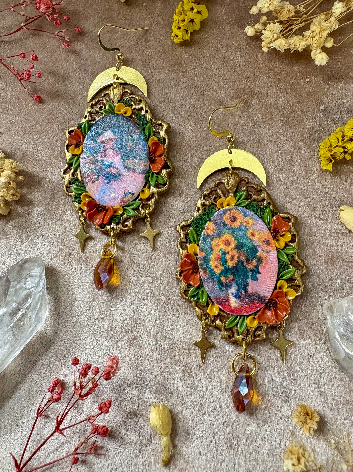 Monet's "Bouquet of Sunflowers" and "Girl in the Garden at Giverny" Painting Earrings