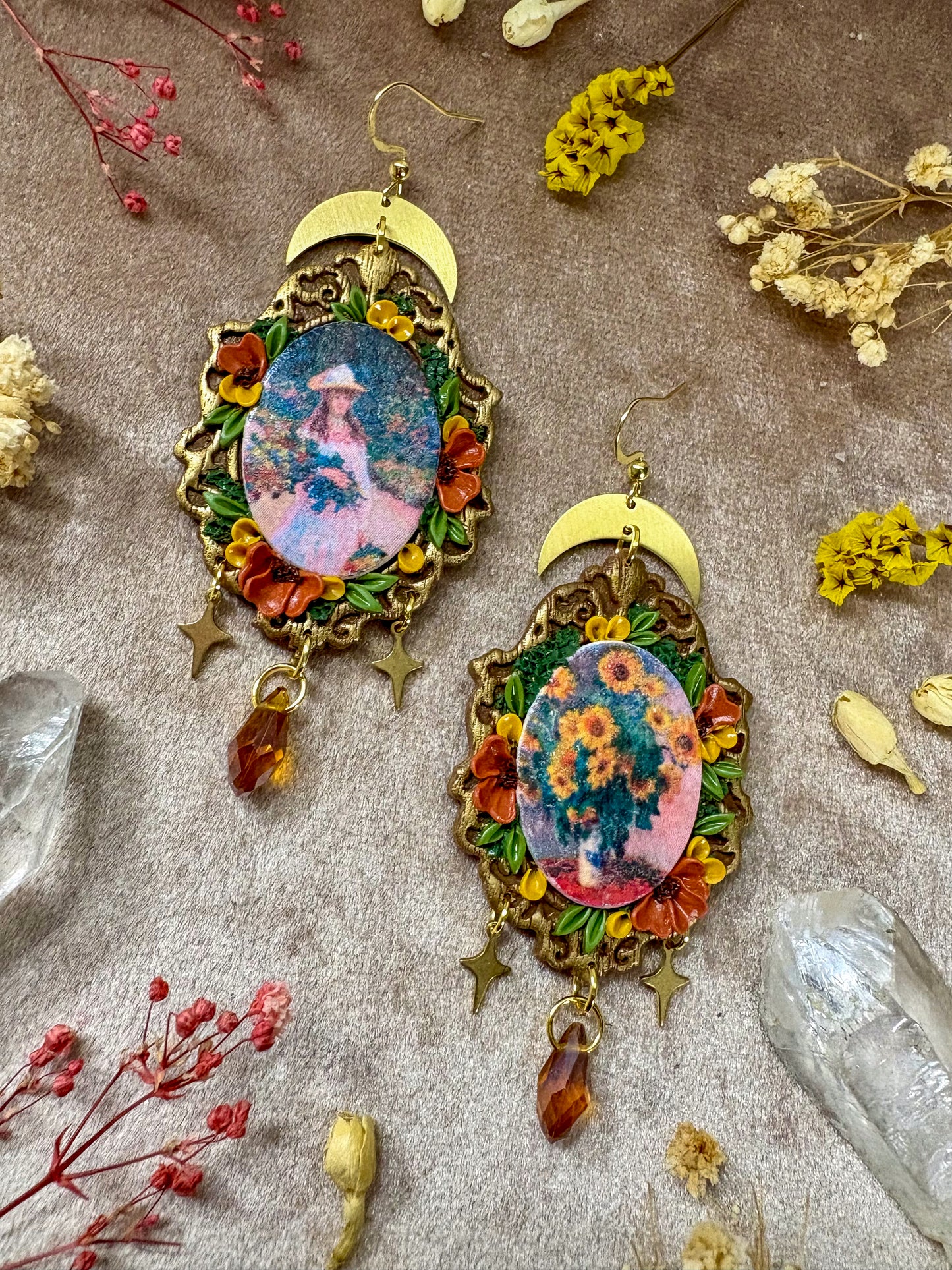 Monet's "Bouquet of Sunflowers" and "Girl in the Garden at Giverny" Painting Earrings
