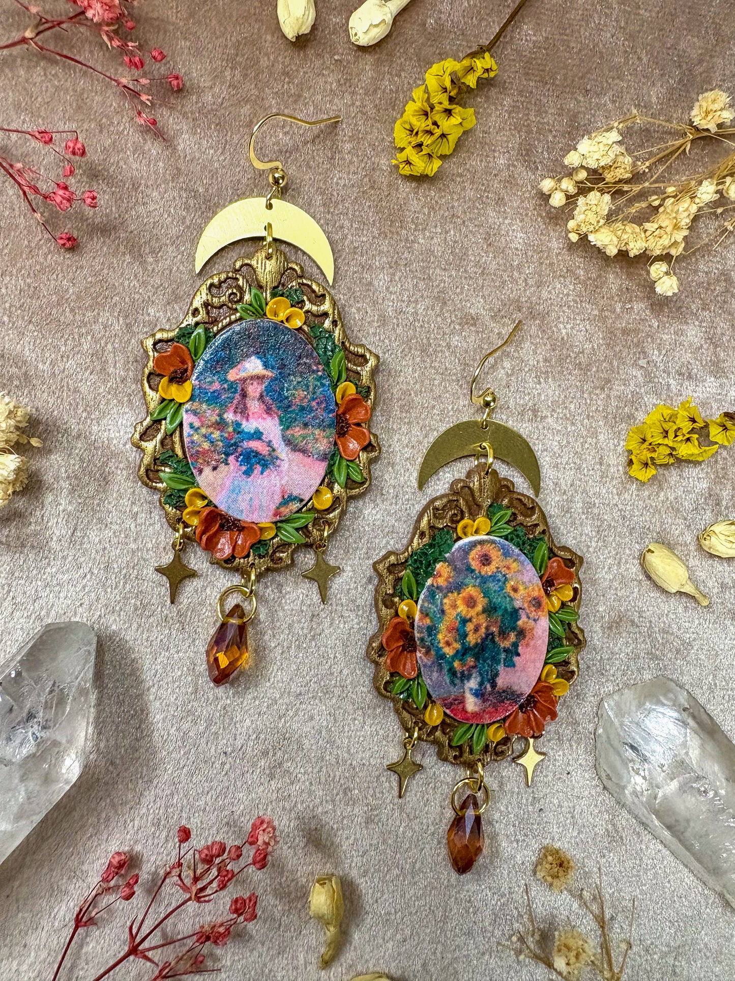 Monet's "Bouquet of Sunflowers" and "Girl in the Garden at Giverny" Painting Earrings