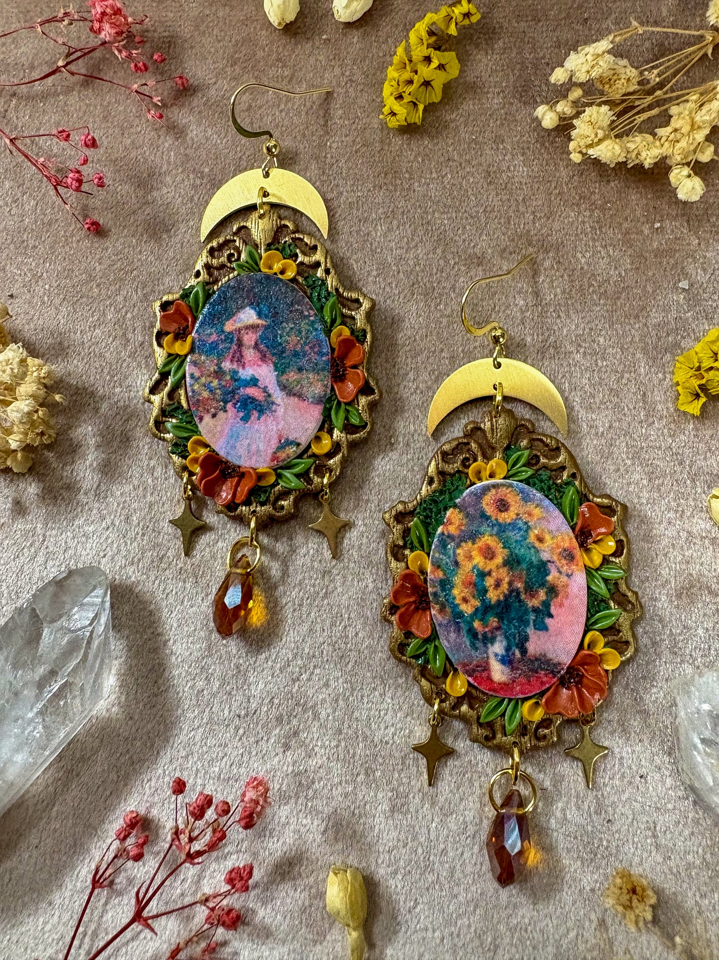 Monet's "Bouquet of Sunflowers" and "Girl in the Garden at Giverny" Painting Earrings