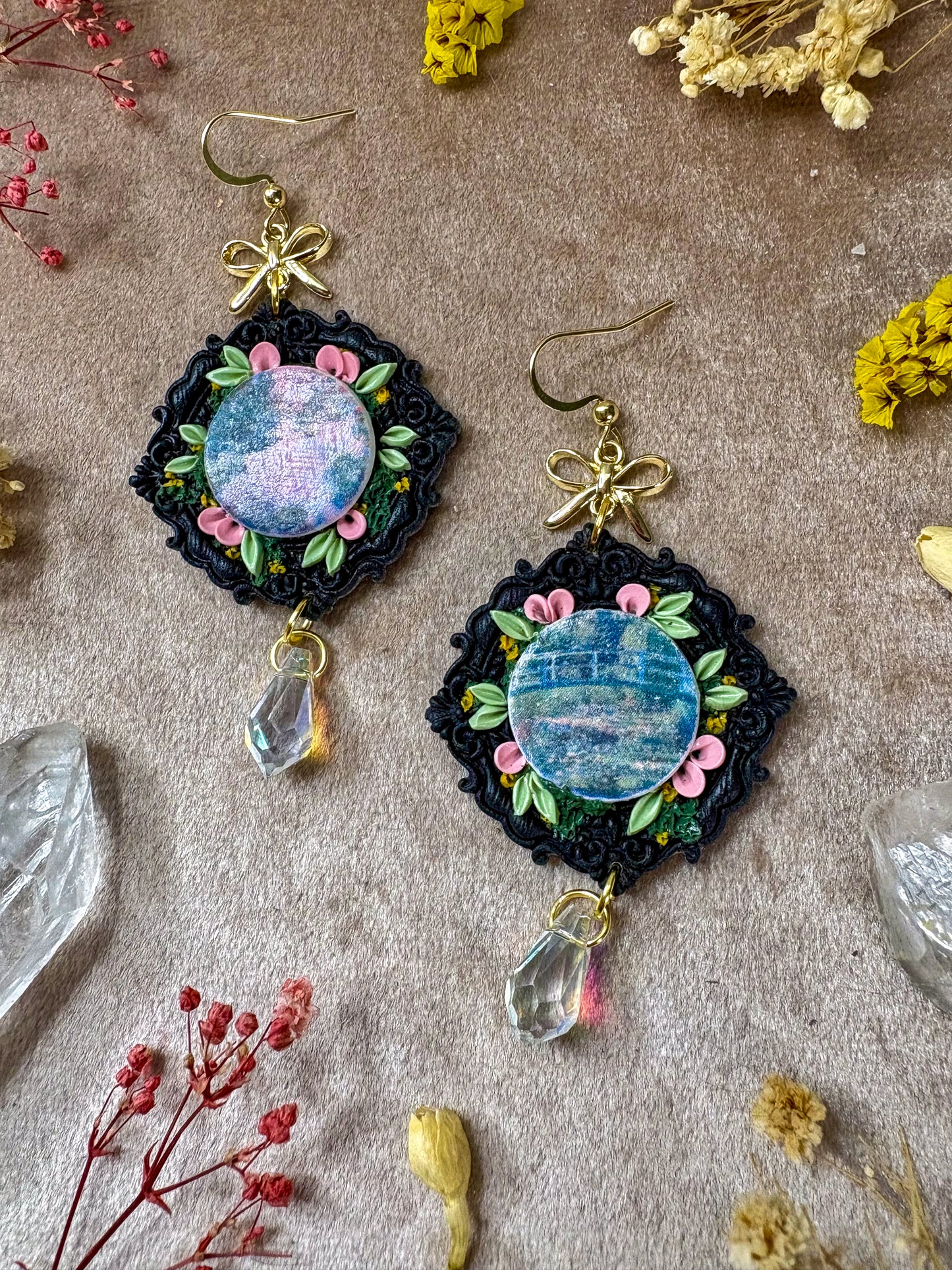 Monet's Water Lilies and Japanese Bridge Art Earrings (Black)