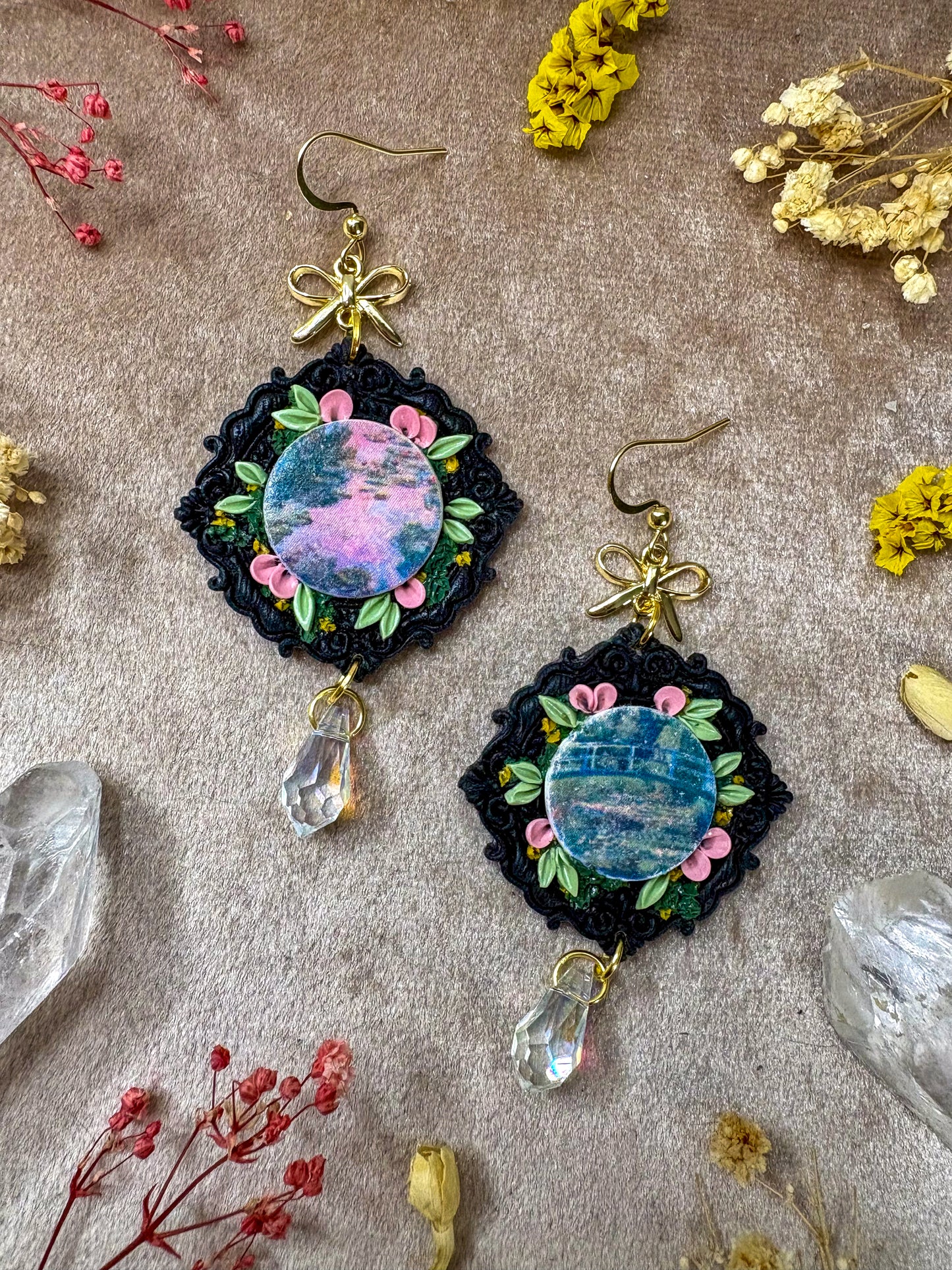 Monet's Water Lilies and Japanese Bridge Art Earrings (Black)