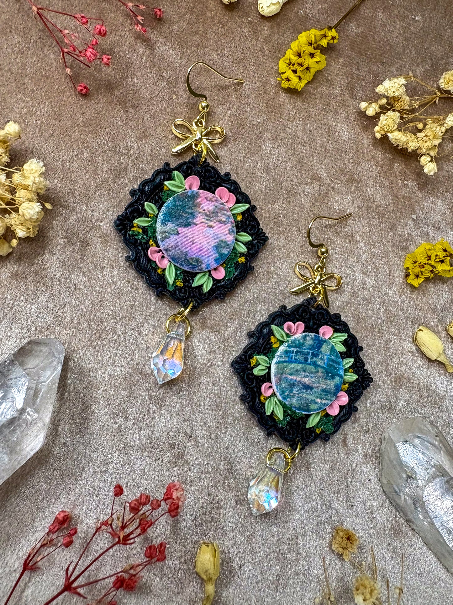 Monet's Water Lilies and Japanese Bridge Art Earrings (Black)