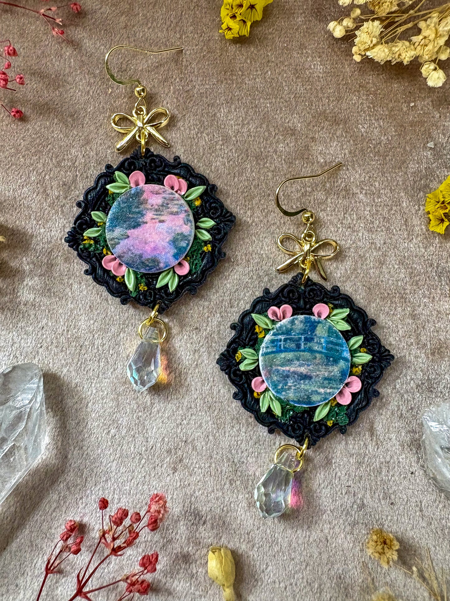 Monet's Water Lilies and Japanese Bridge Art Earrings (Black)