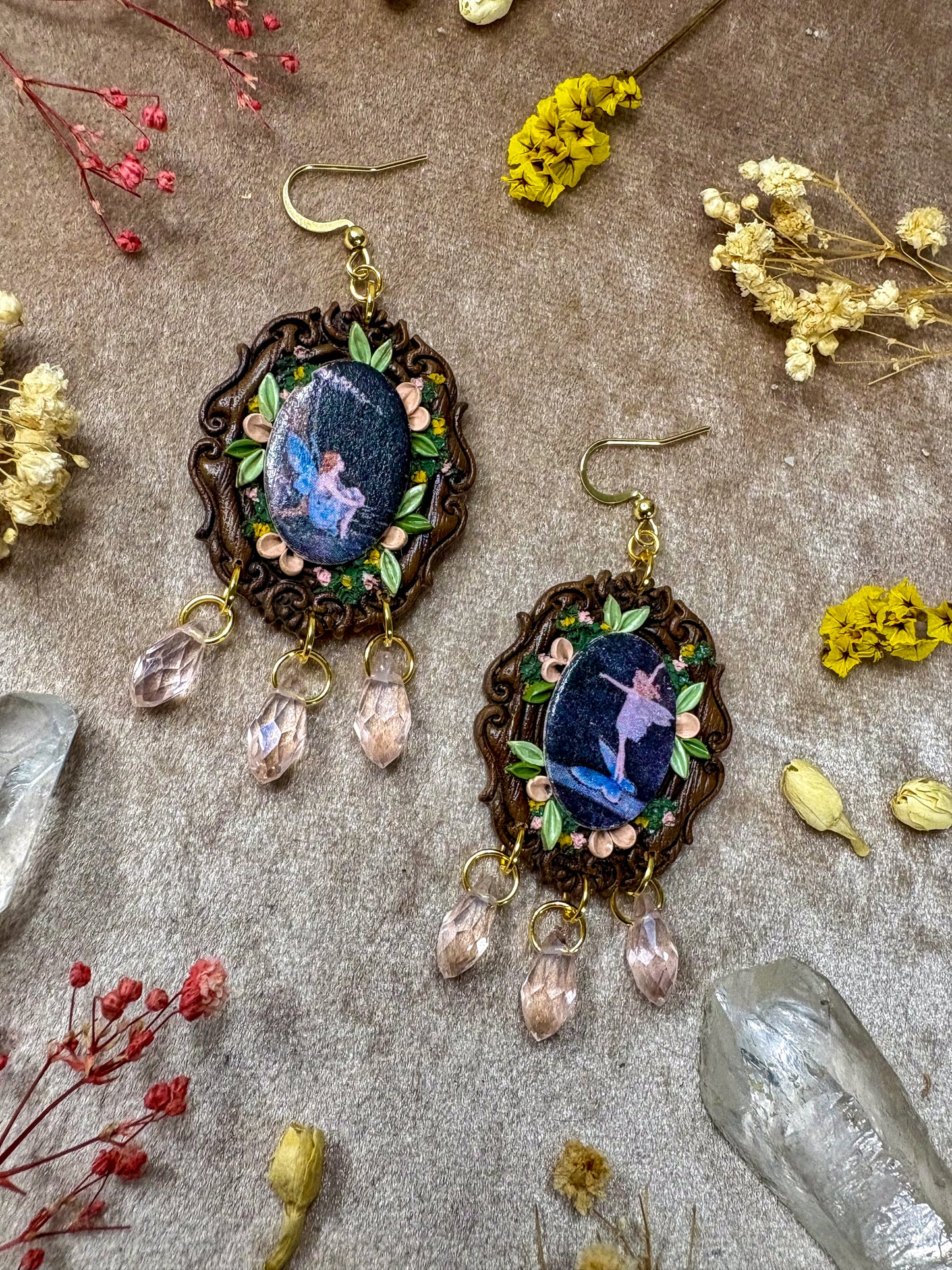 Blue Butterfly Fairy on Wood Fine Art Frame Earrings