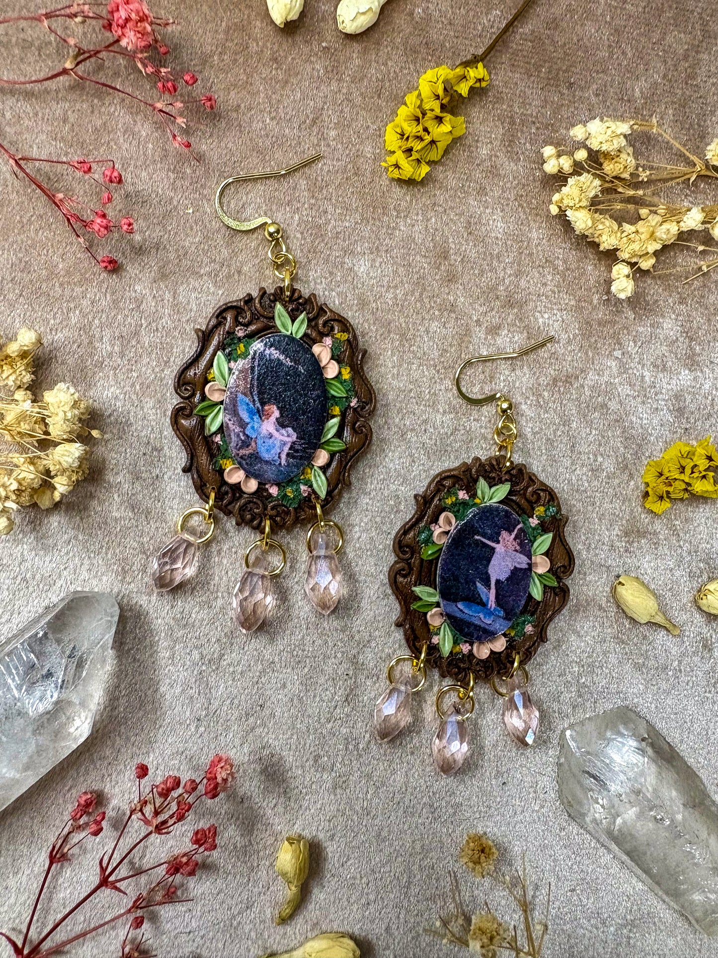 Blue Butterfly Fairy on Wood Fine Art Frame Earrings