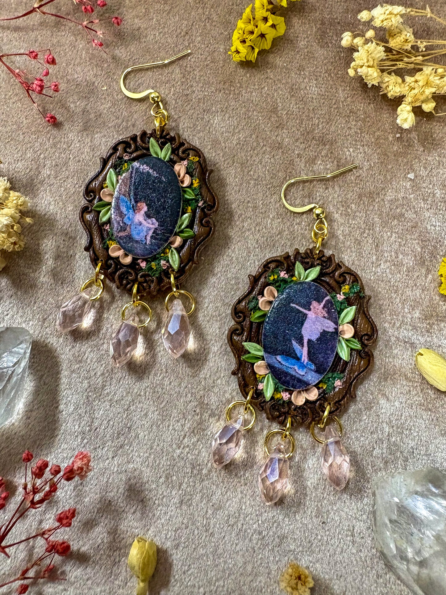 Blue Butterfly Fairy on Wood Fine Art Frame Earrings