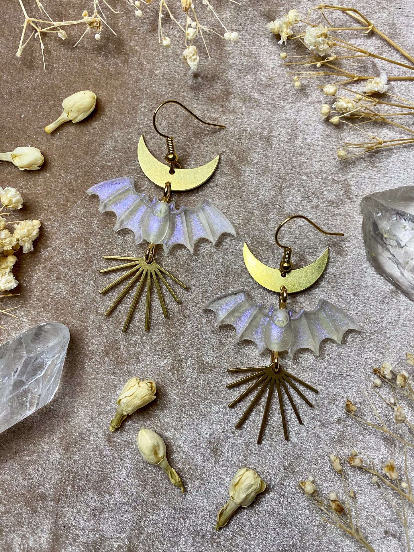 resin color shifting iridescent bat dangle earrings