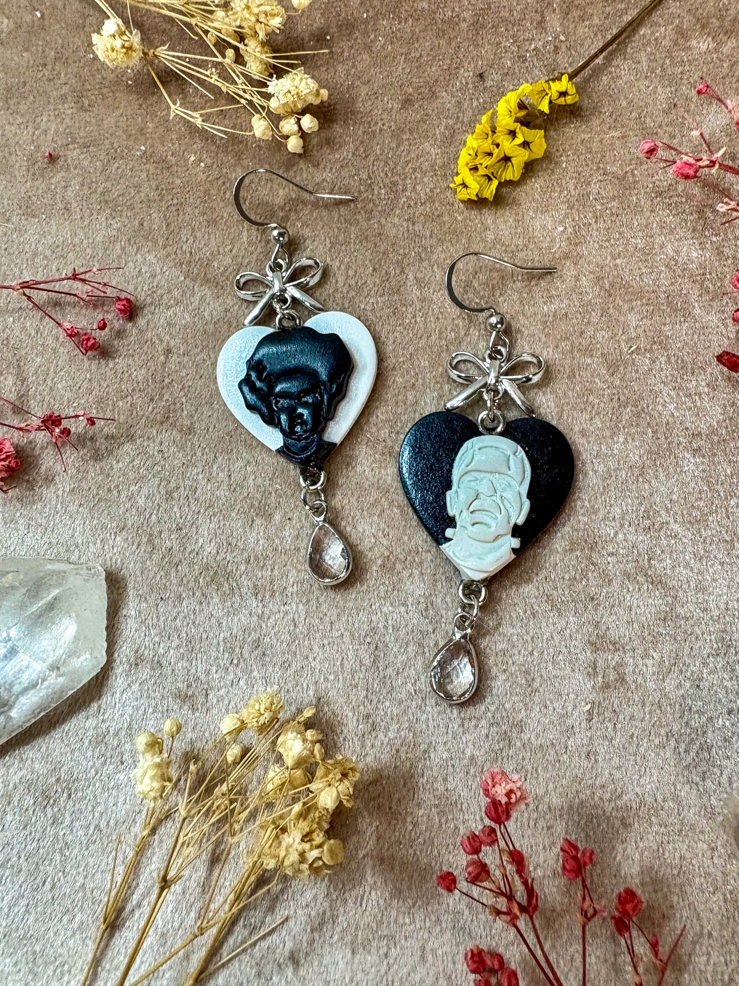 Black and White Franken-Couple Earrings