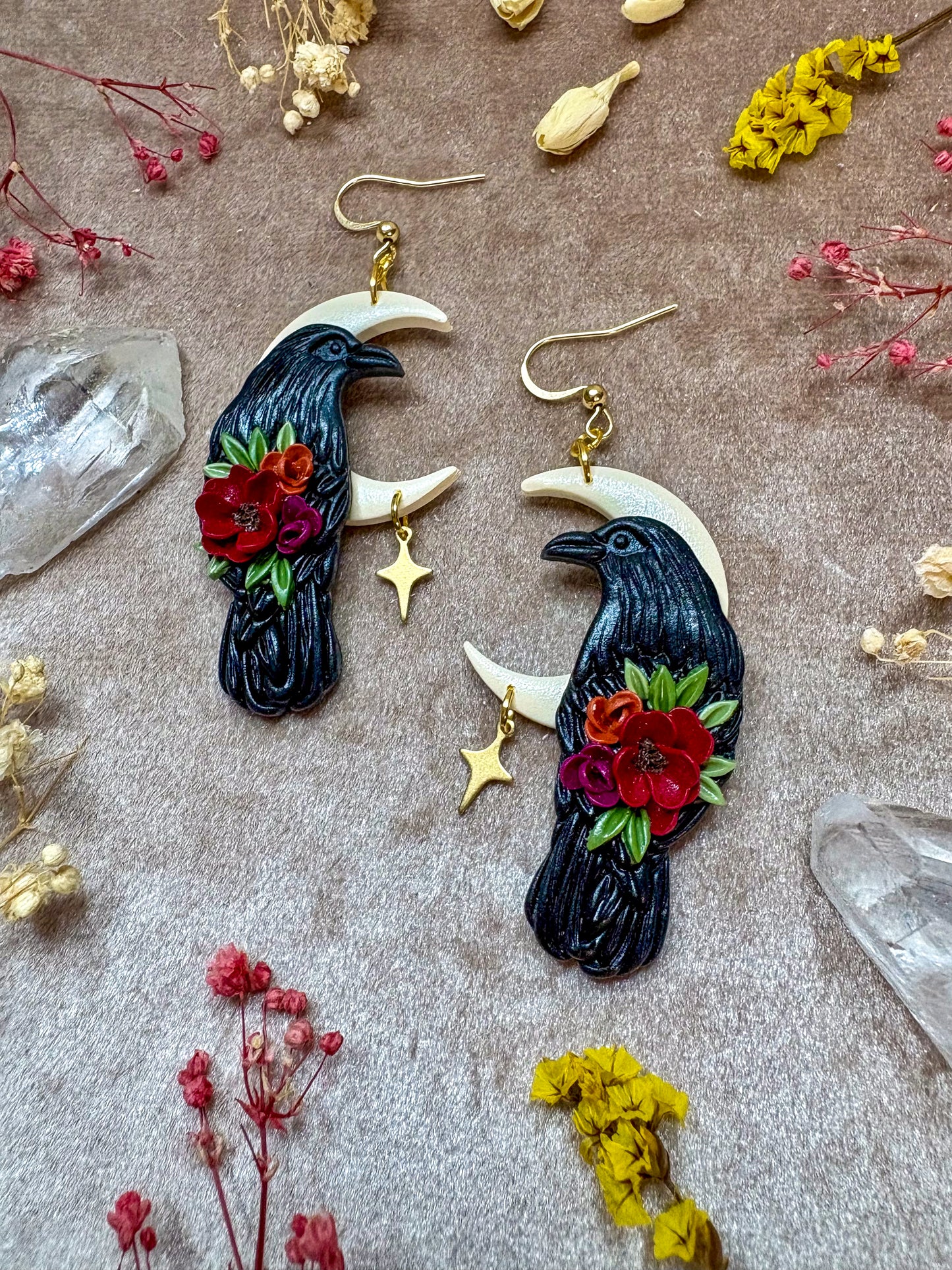 Floral Raven Golden Moon Earrings