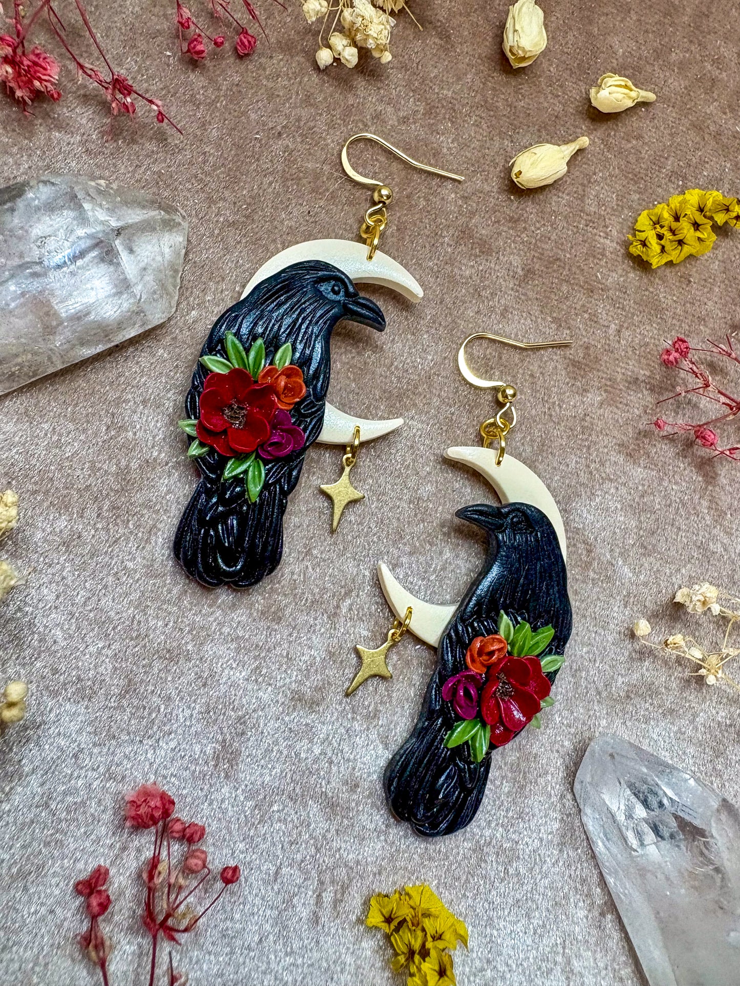 Floral Raven Golden Moon Earrings