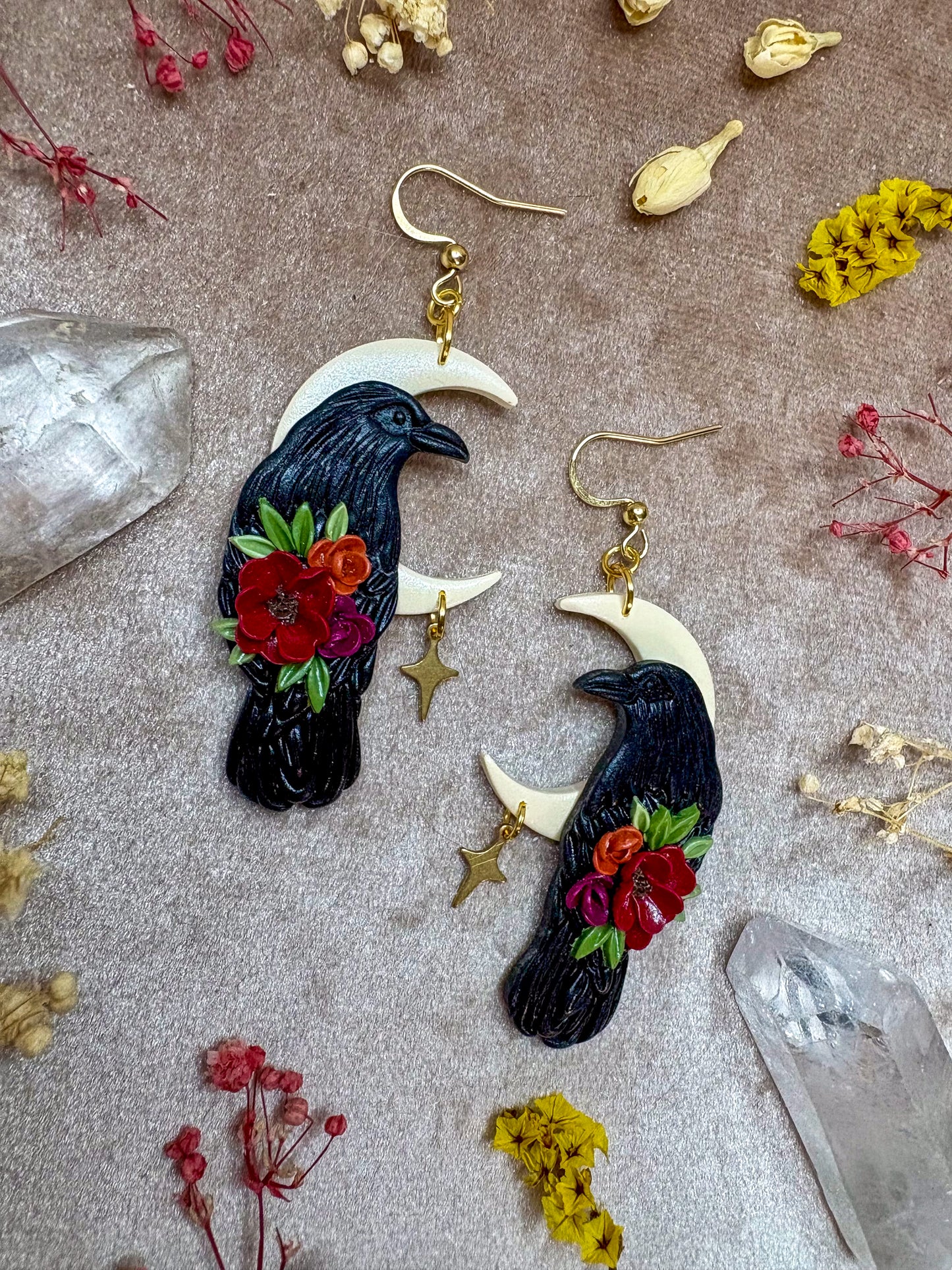 Floral Raven Golden Moon Earrings
