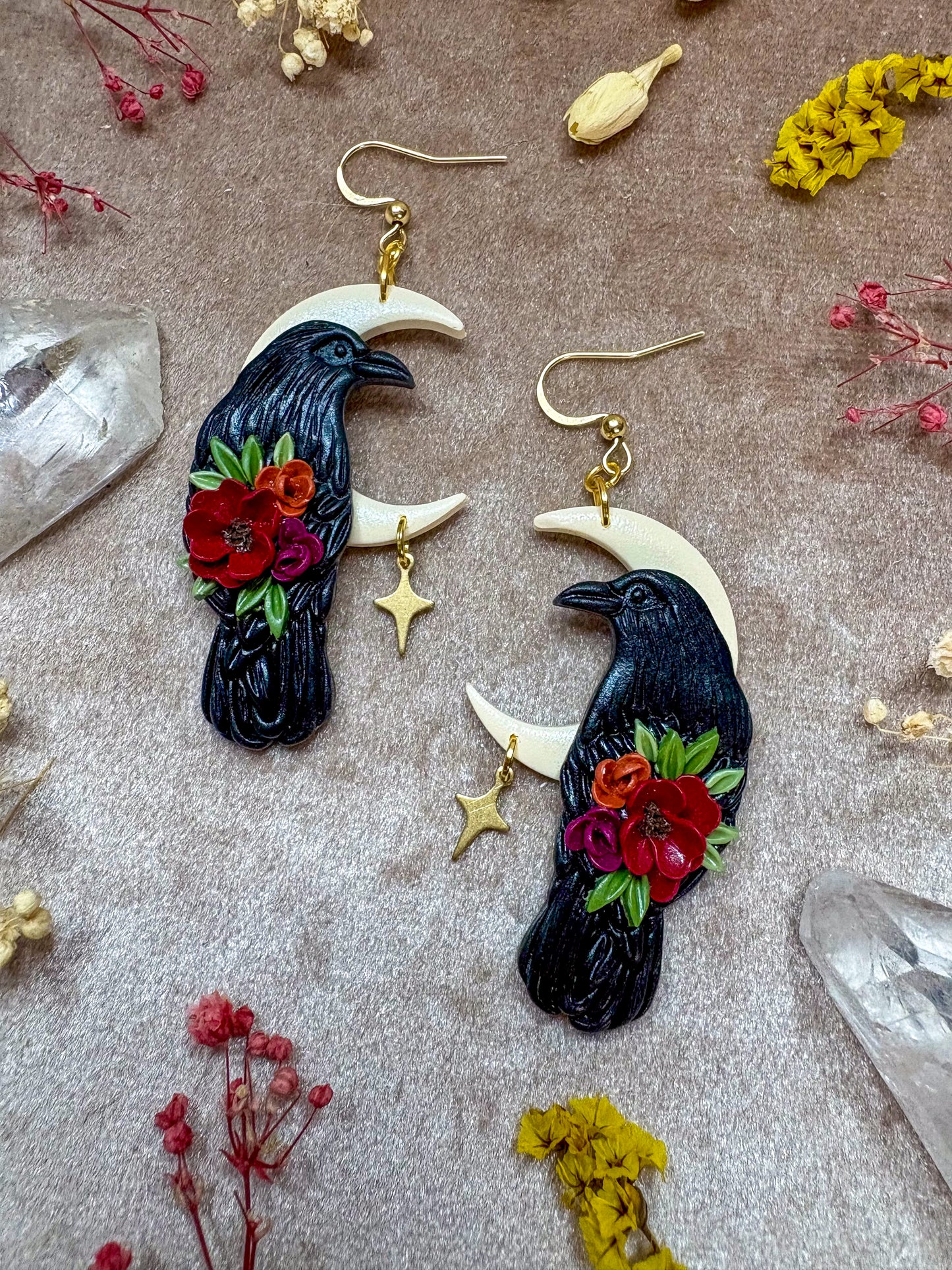 Floral Raven Golden Moon Earrings