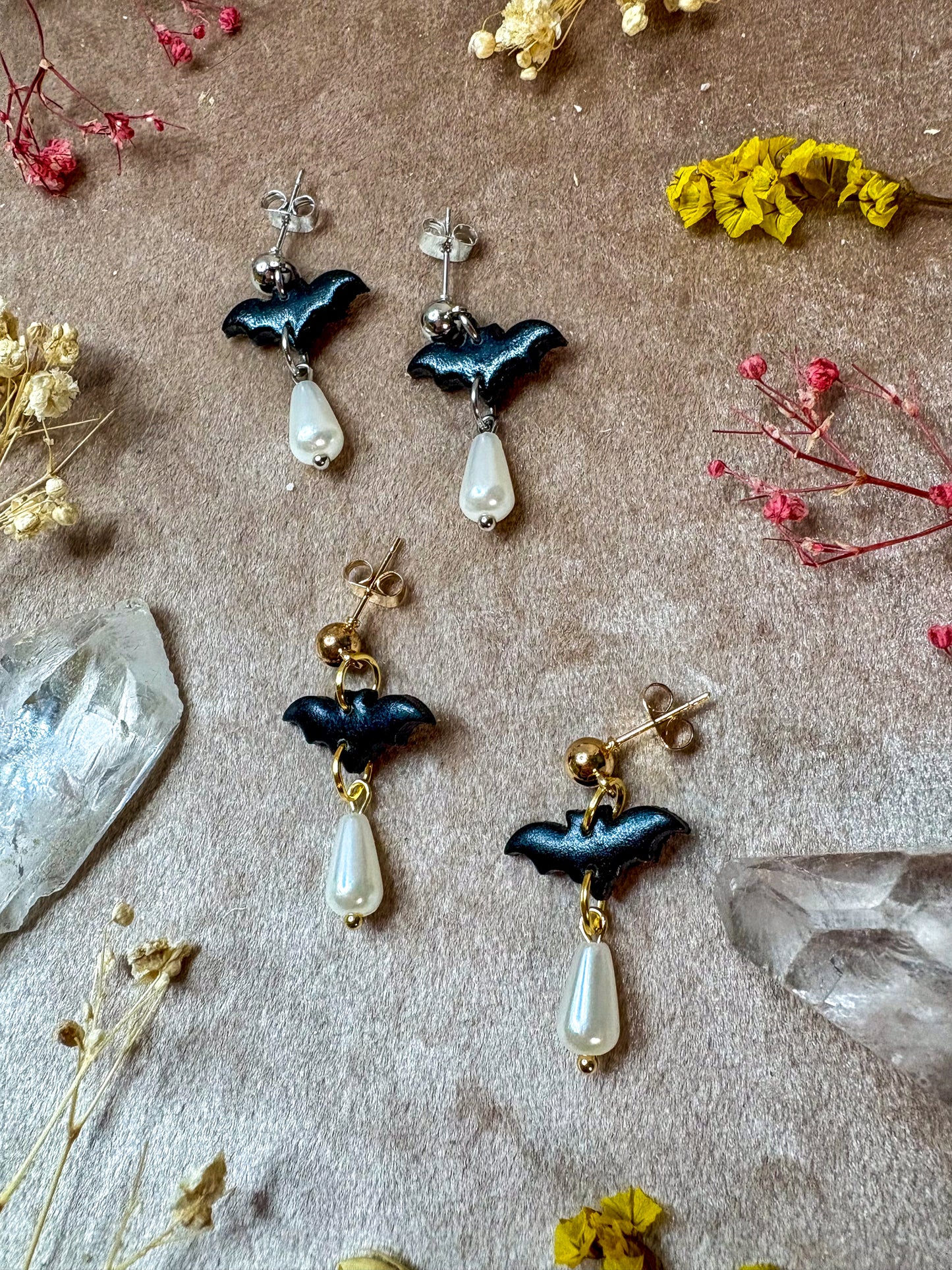 Dainty Bat and Pearl Earrings