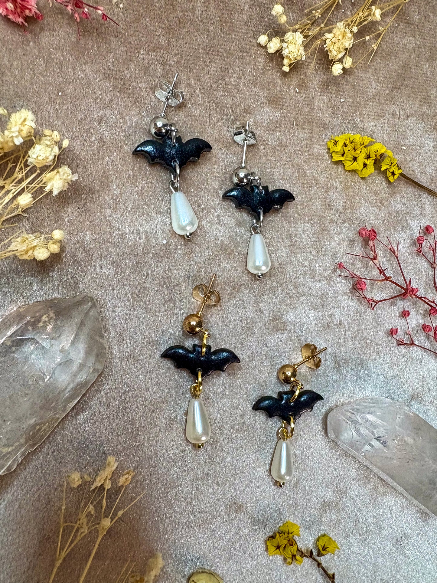Dainty Bat and Pearl Earrings
