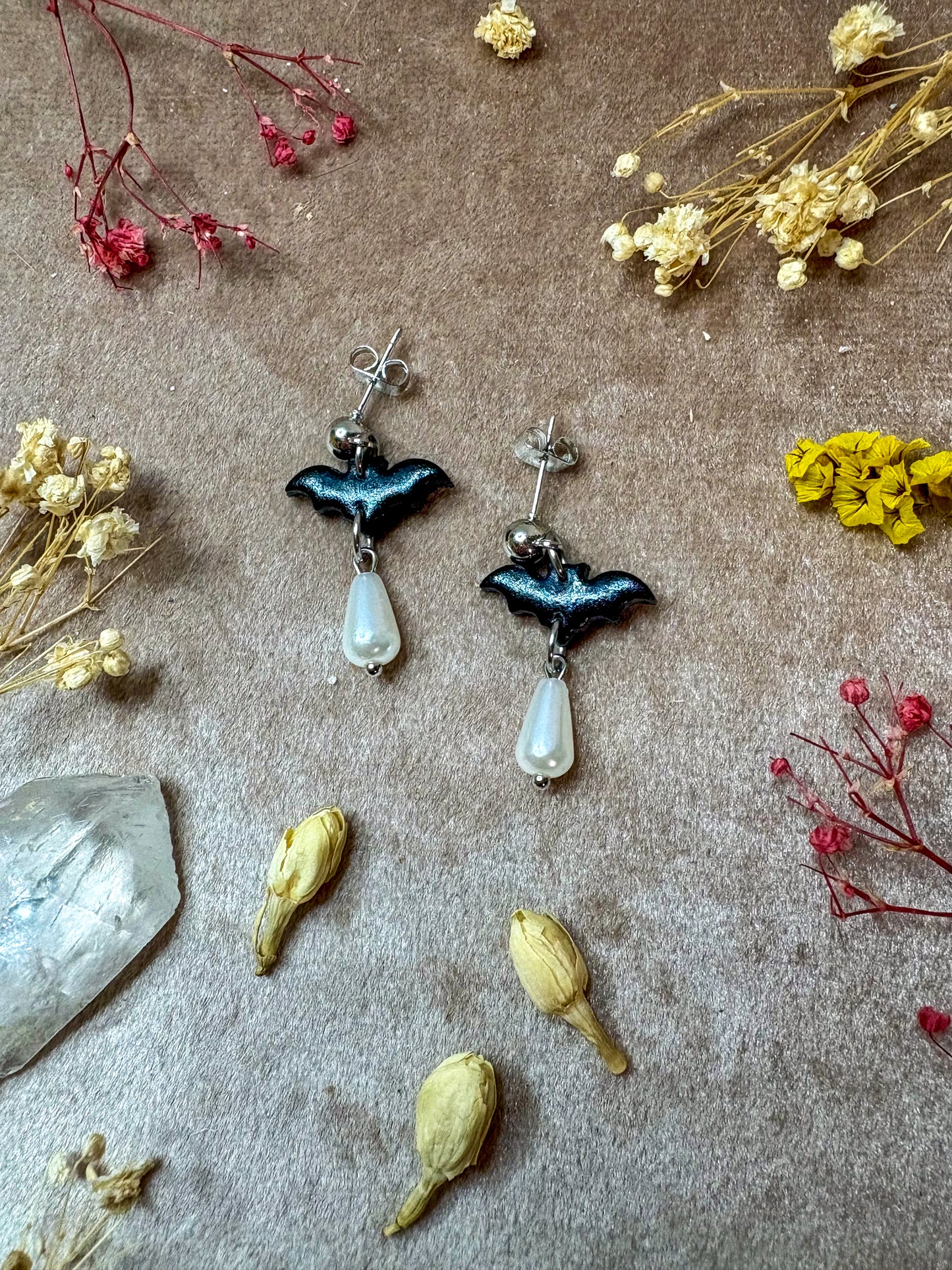 Dainty Bat and Pearl Earrings