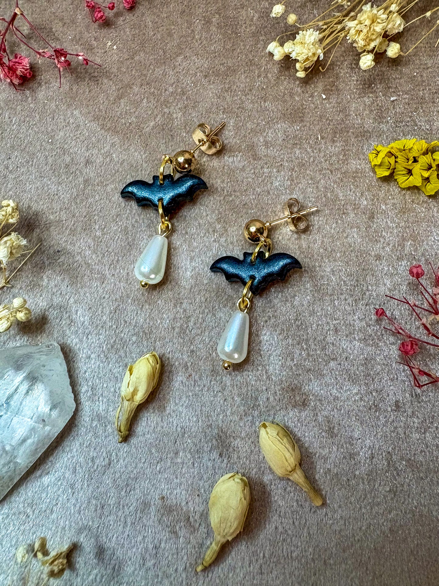 Dainty Bat and Pearl Earrings
