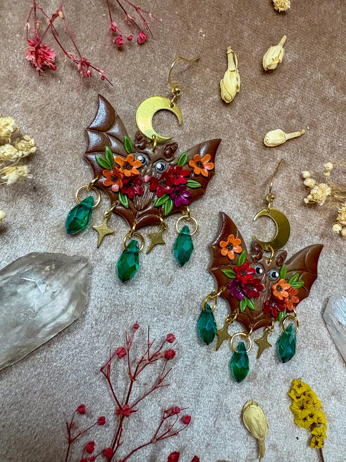 Brown Floral Bat Earrings