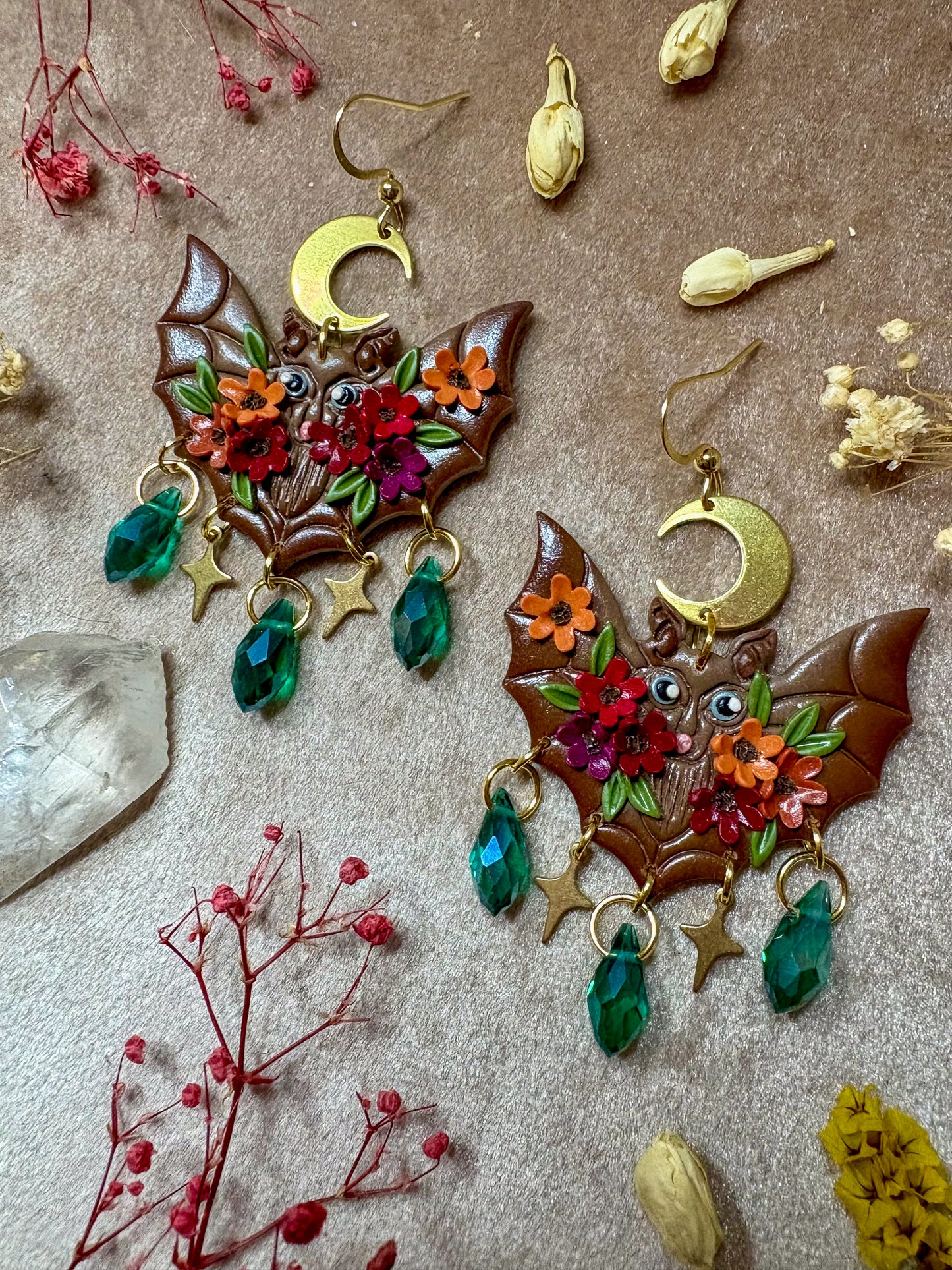 Brown Floral Bat Earrings