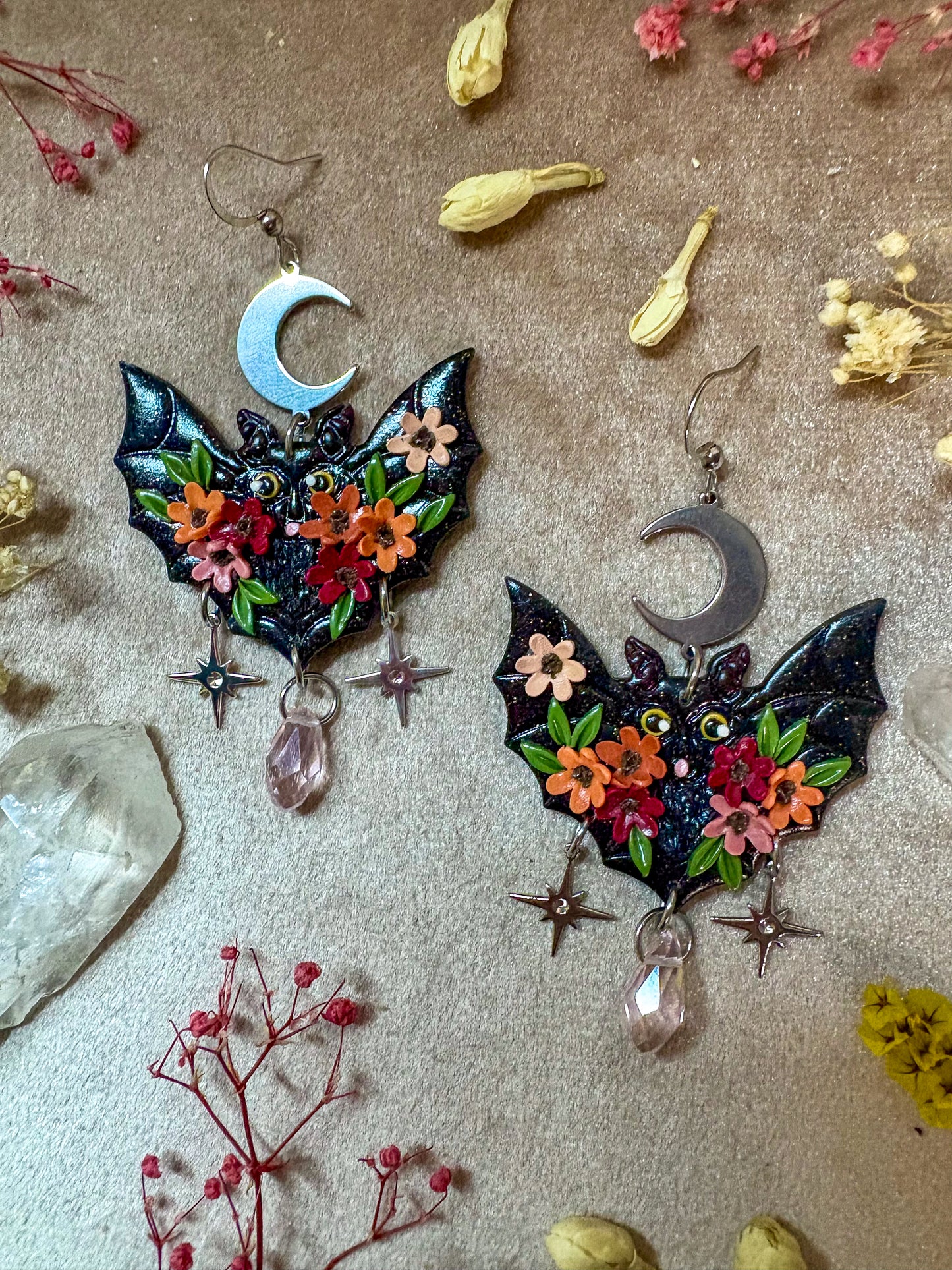 Black Floral Bat Earrings