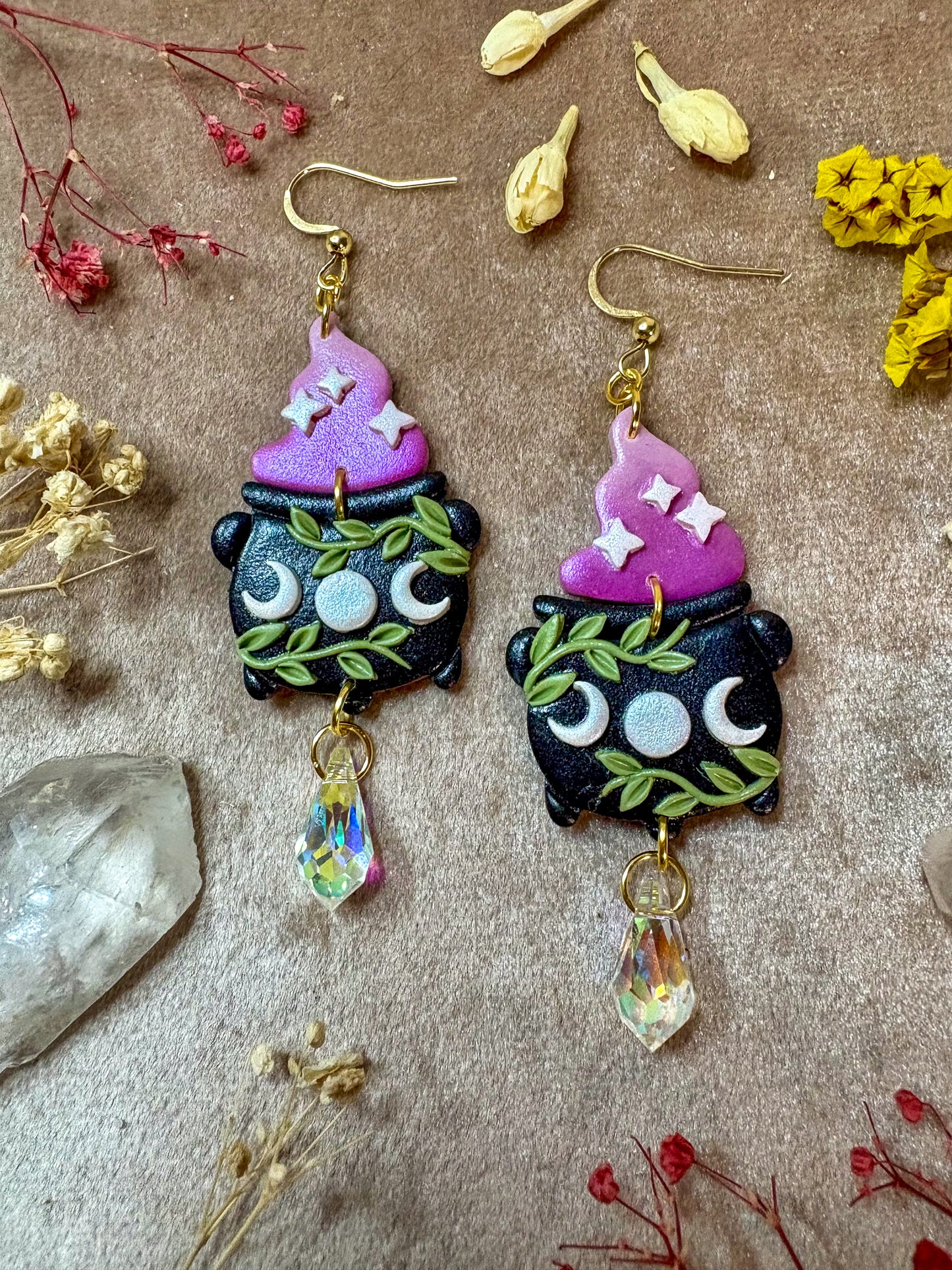 Moon Phase Cauldron and Smoke Earrings