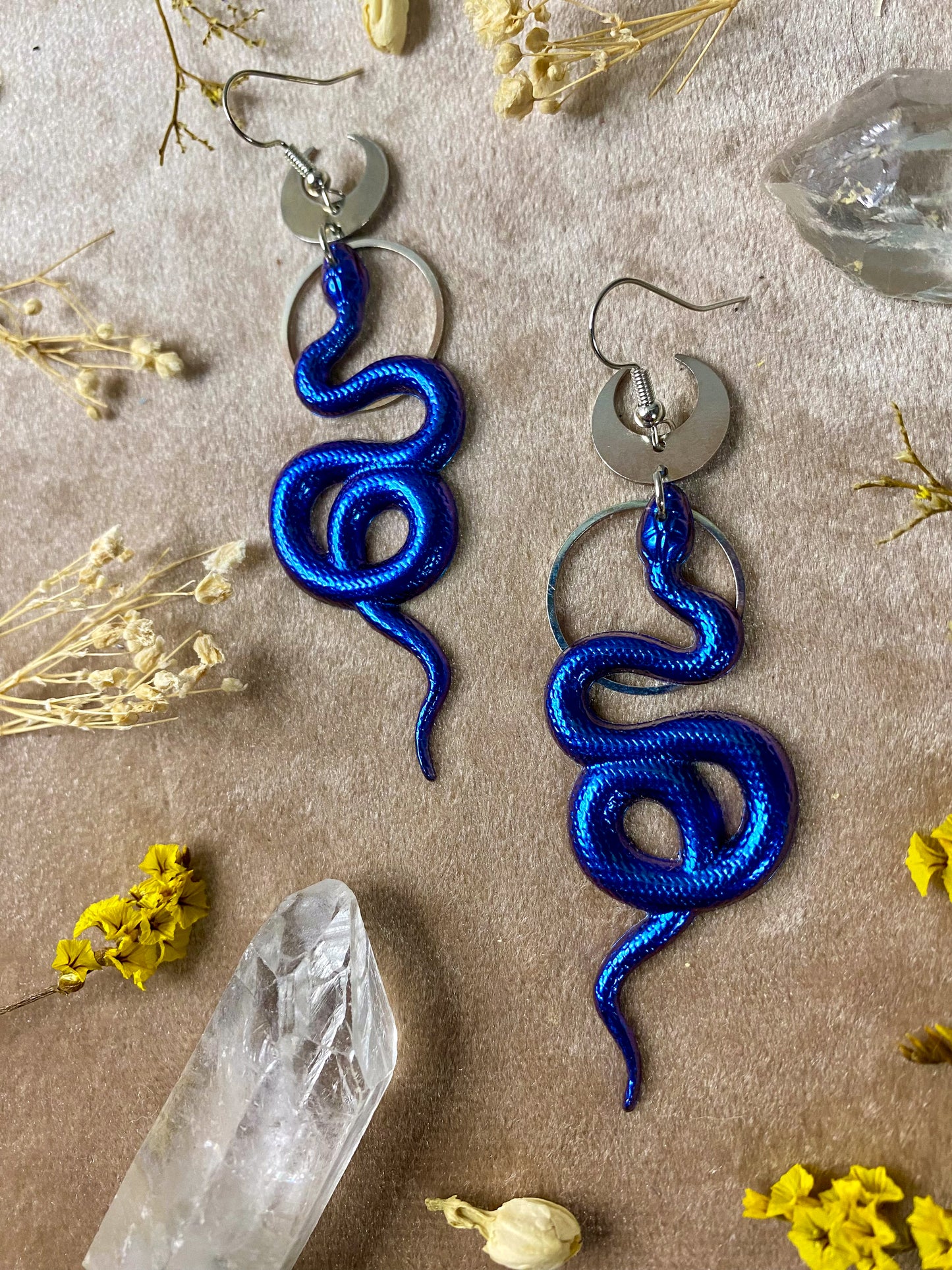 Silver Blue Coil Snake Earrings