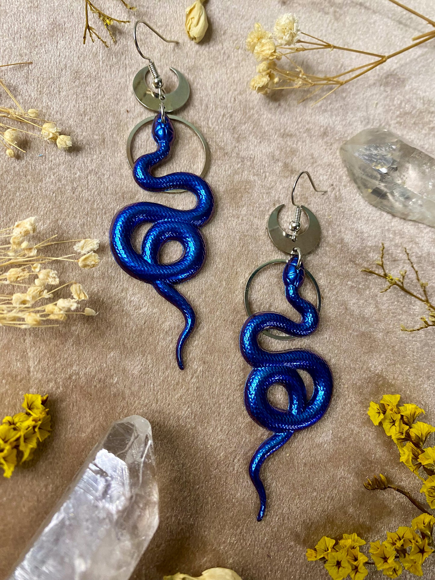 Silver Blue Coil Snake Earrings