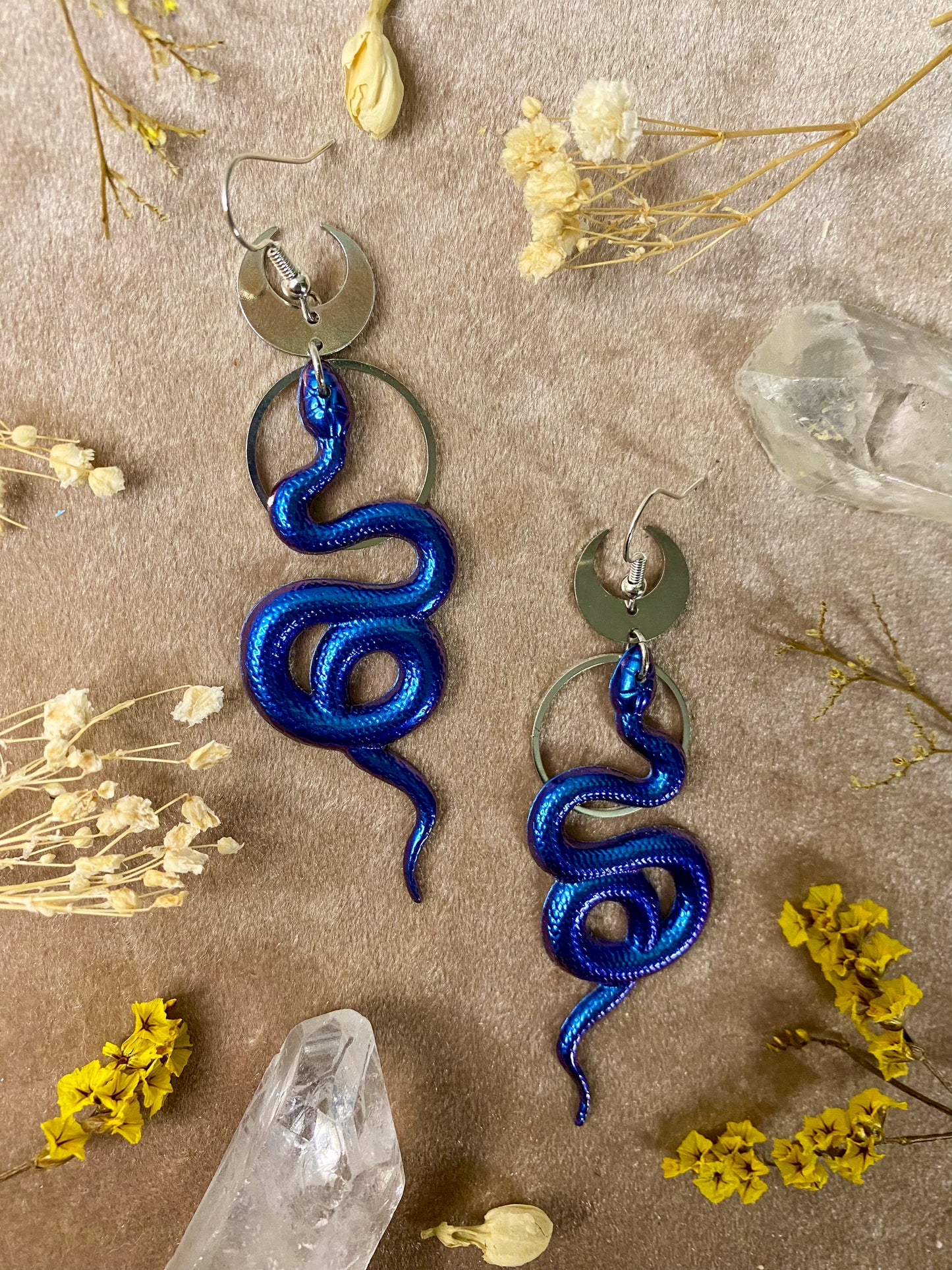 Silver Blue Coil Snake Earrings