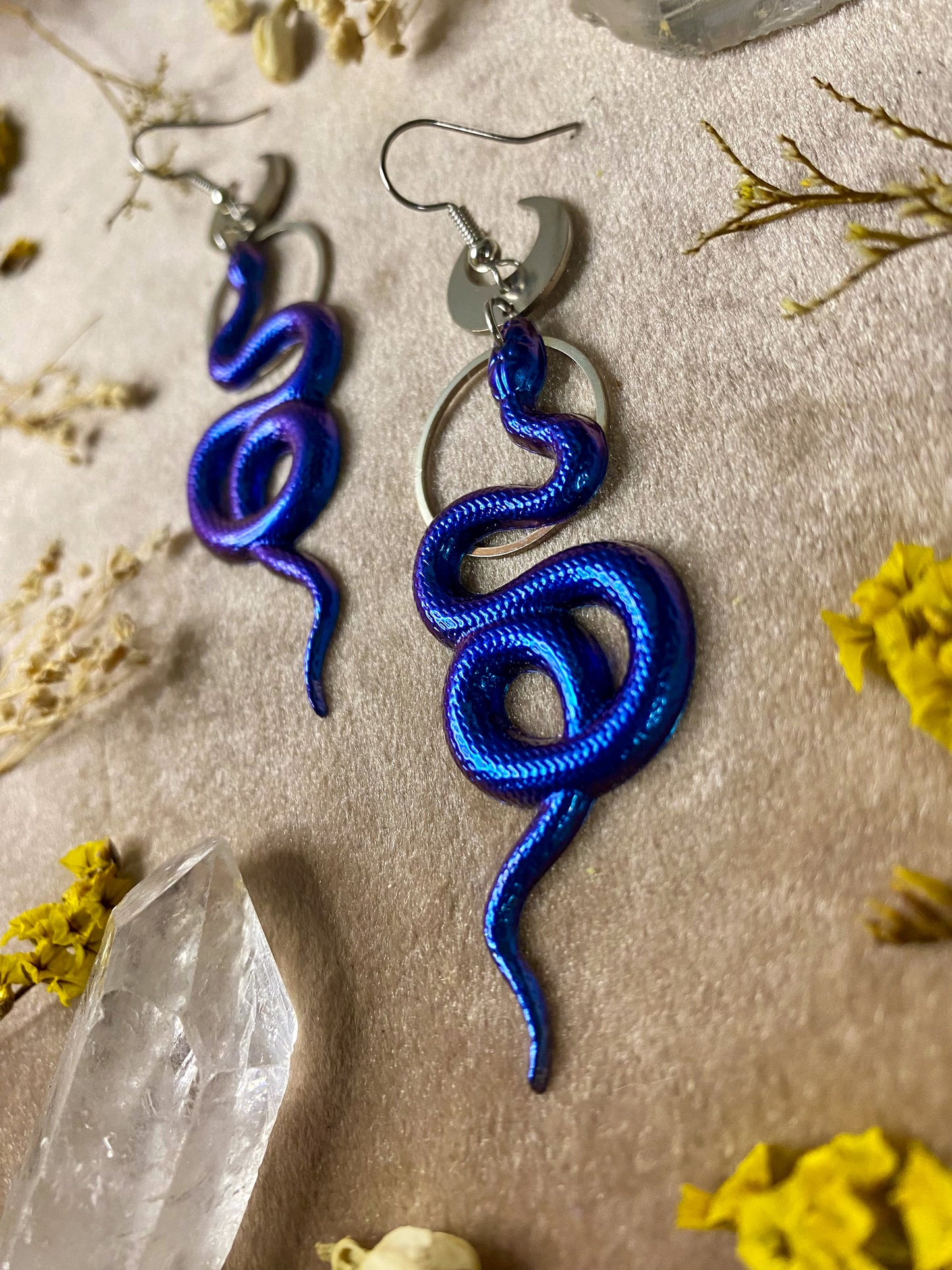 Silver Blue Coil Snake Earrings