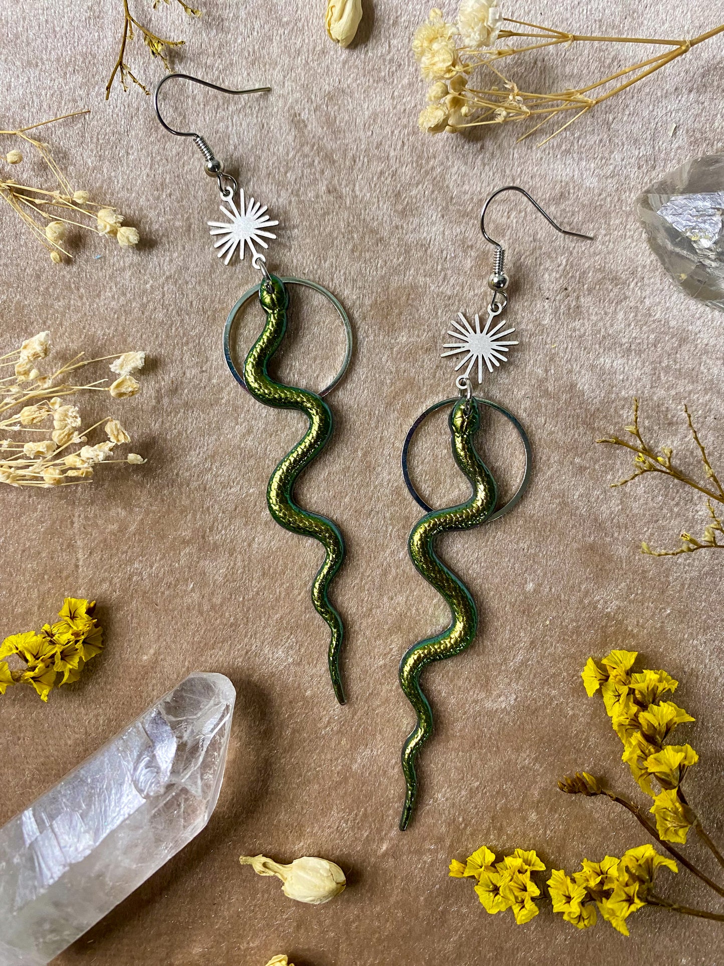 Green Silver Burst Snake Earrings