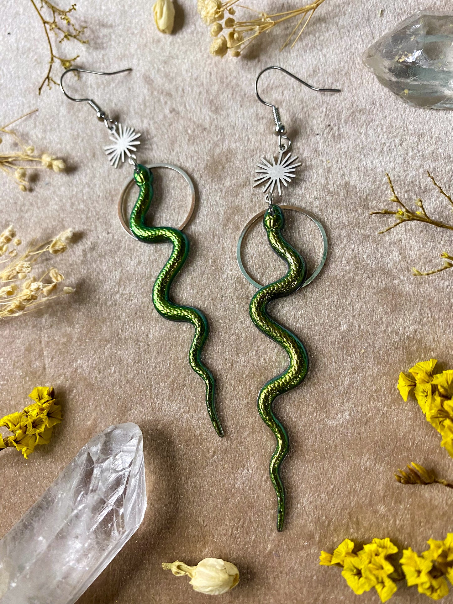 Green Silver Burst Snake Earrings