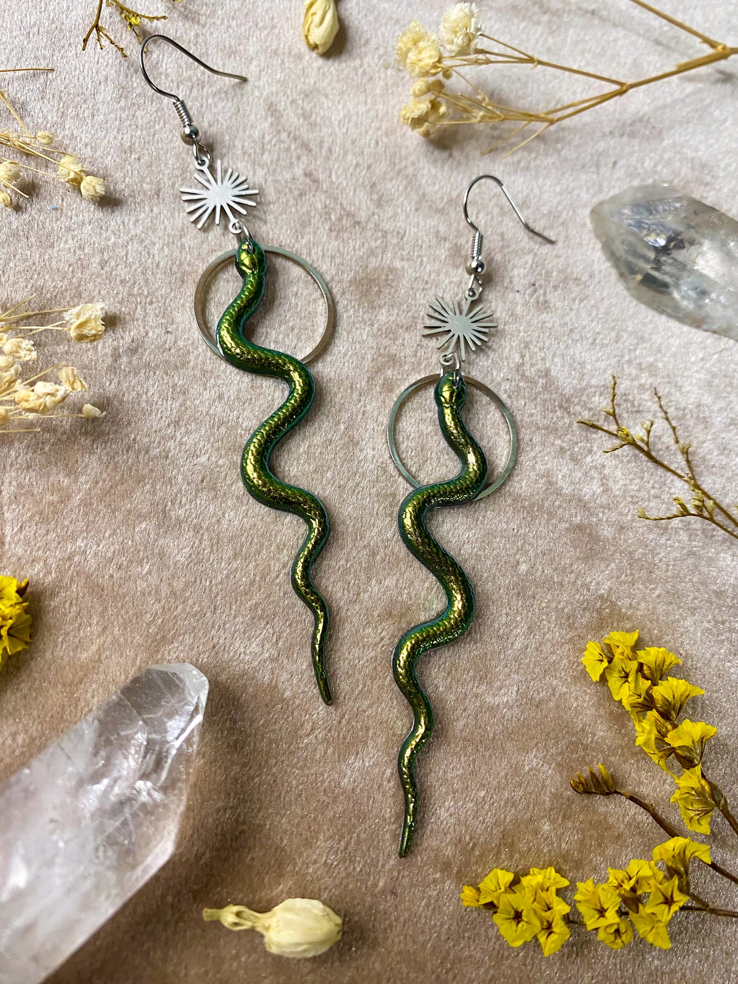 Green Silver Burst Snake Earrings