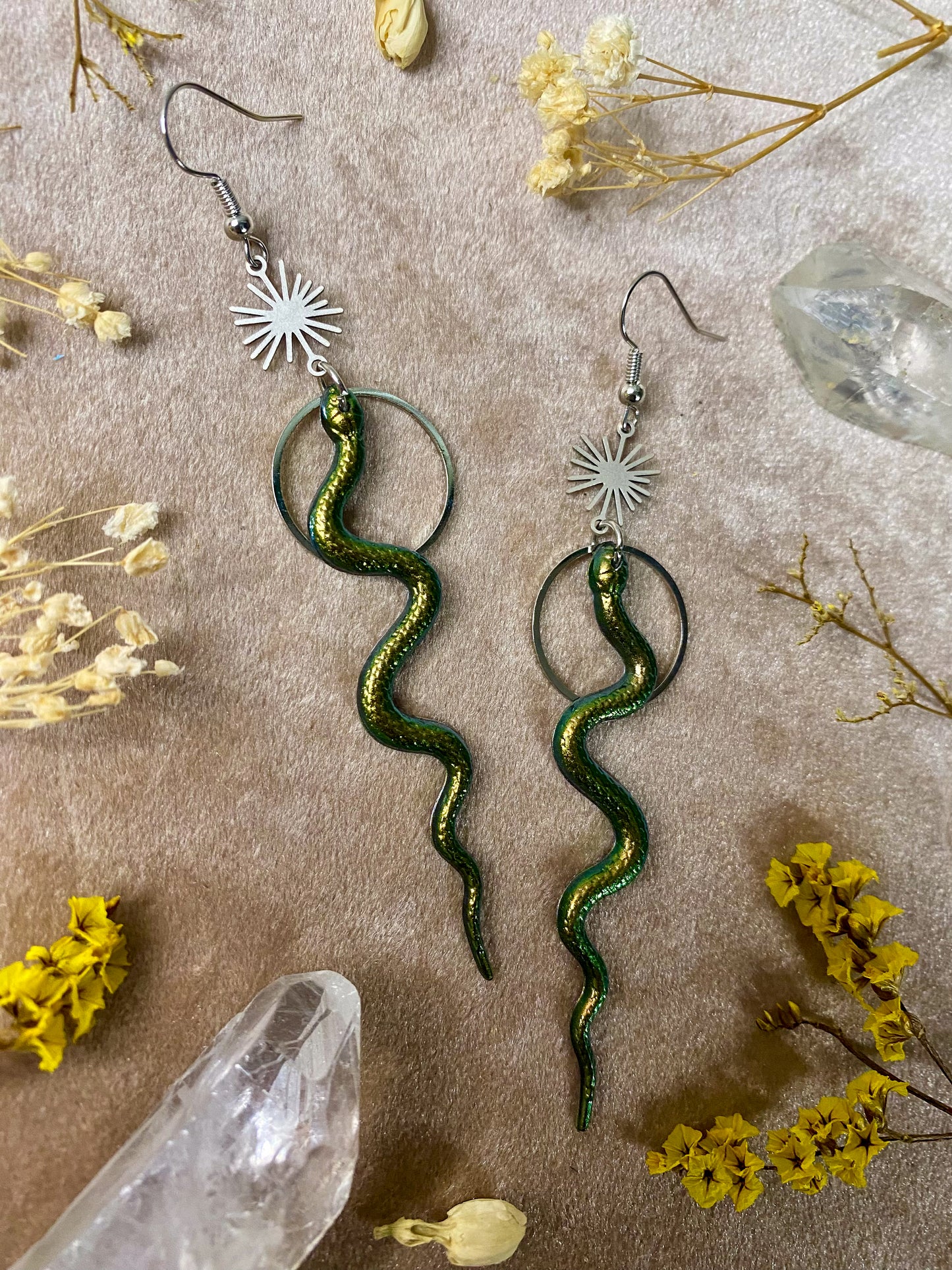Green Silver Burst Snake Earrings