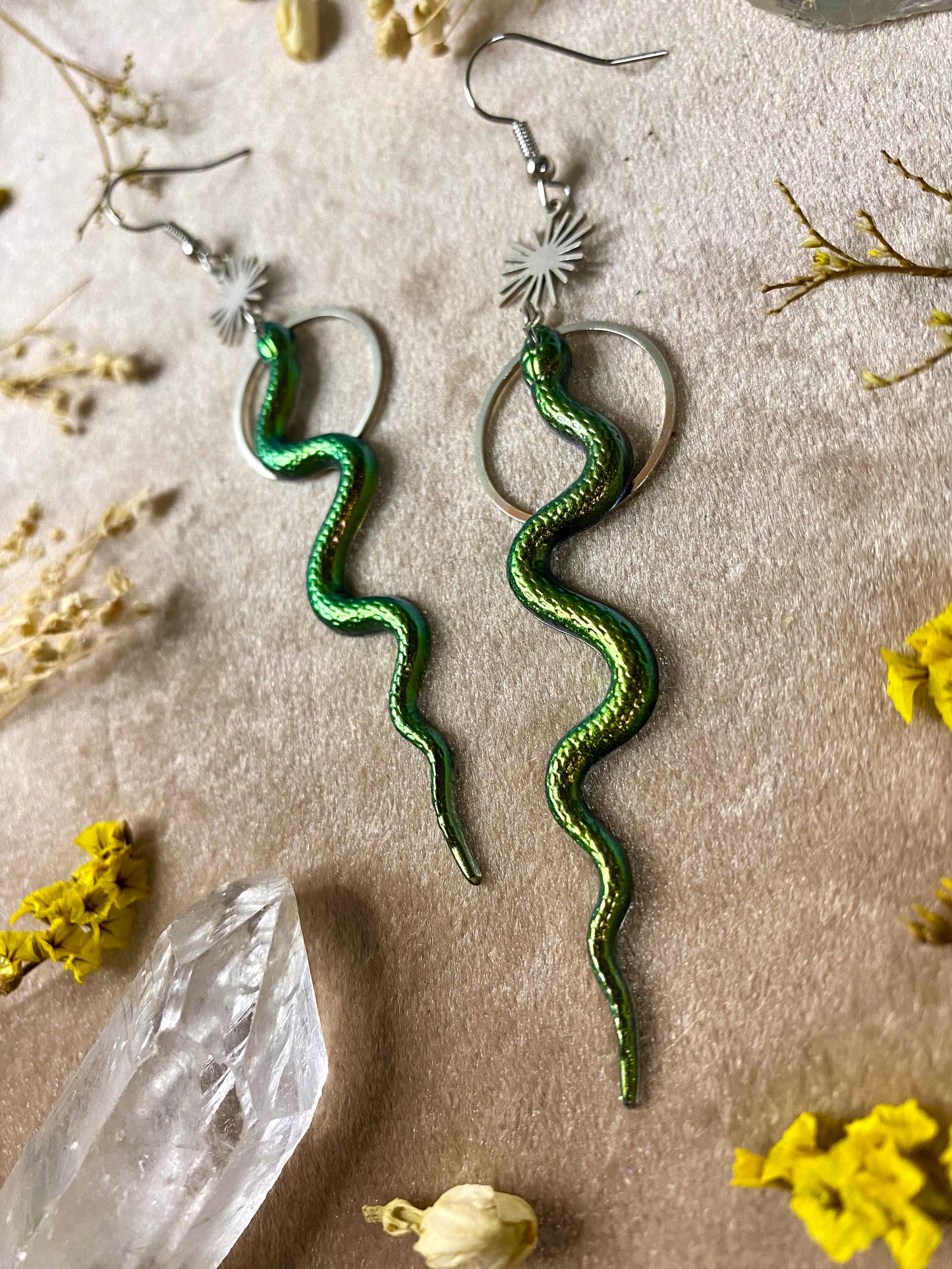 Green Silver Burst Snake Earrings